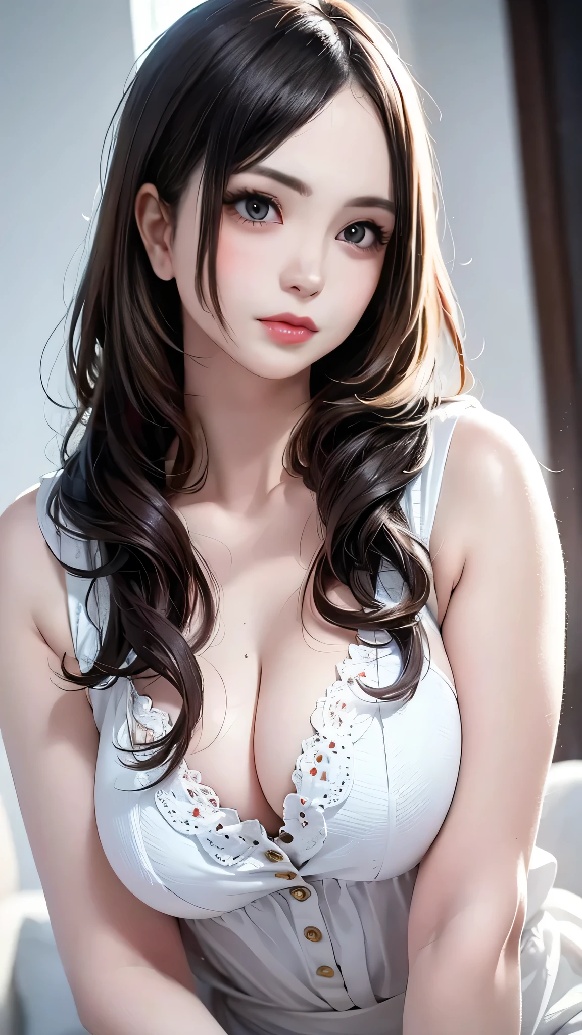 sfw, Full Body Angle、((highest quality, 8K, masterpiece: 1.3)), concentrated: 1.2, Cute girl 1,??????? ?????、??????、 Perfect beauty: 1.4,pajamas: 1.2,Long sleeve、randal color、comics＆Text Graphics、Black ruffle-trimmed drawstring zip blouse,1.1, Highly detailed face and skin textures, Fine grain, double eyelid, whitening skin, ,highest quality,Ultra-high resolution,you,1 girl,alone,_Shiny_skin,Iris,necklace,((Brown_length_Wavy_hair)),(lips)),eyelash,Front hair,deal with,compensate,Shiny,pore,skin texture,?????????????、smiling face、living、, wearing bra,((skinny waist)), young asian girl, ((big breasted)),