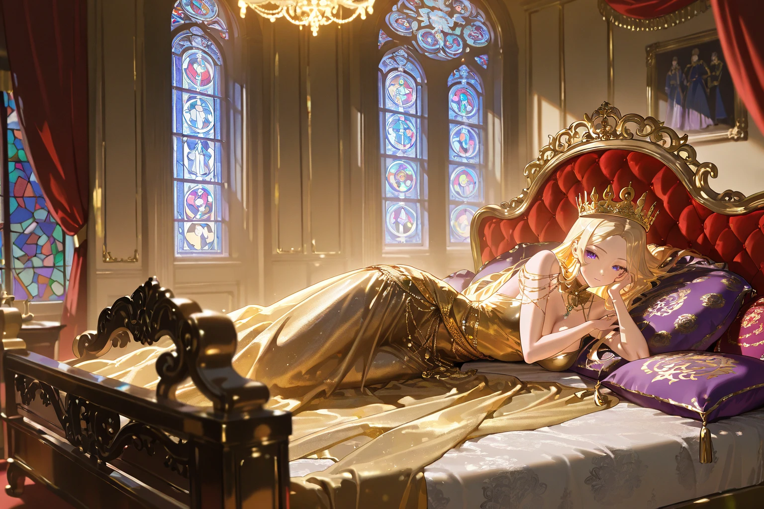 Lots of giant golden silk cuddle pillows. Peeing clear liquid princesses. Blushing face. Drooling. Crying. . Sweaty. Luxurious bed.