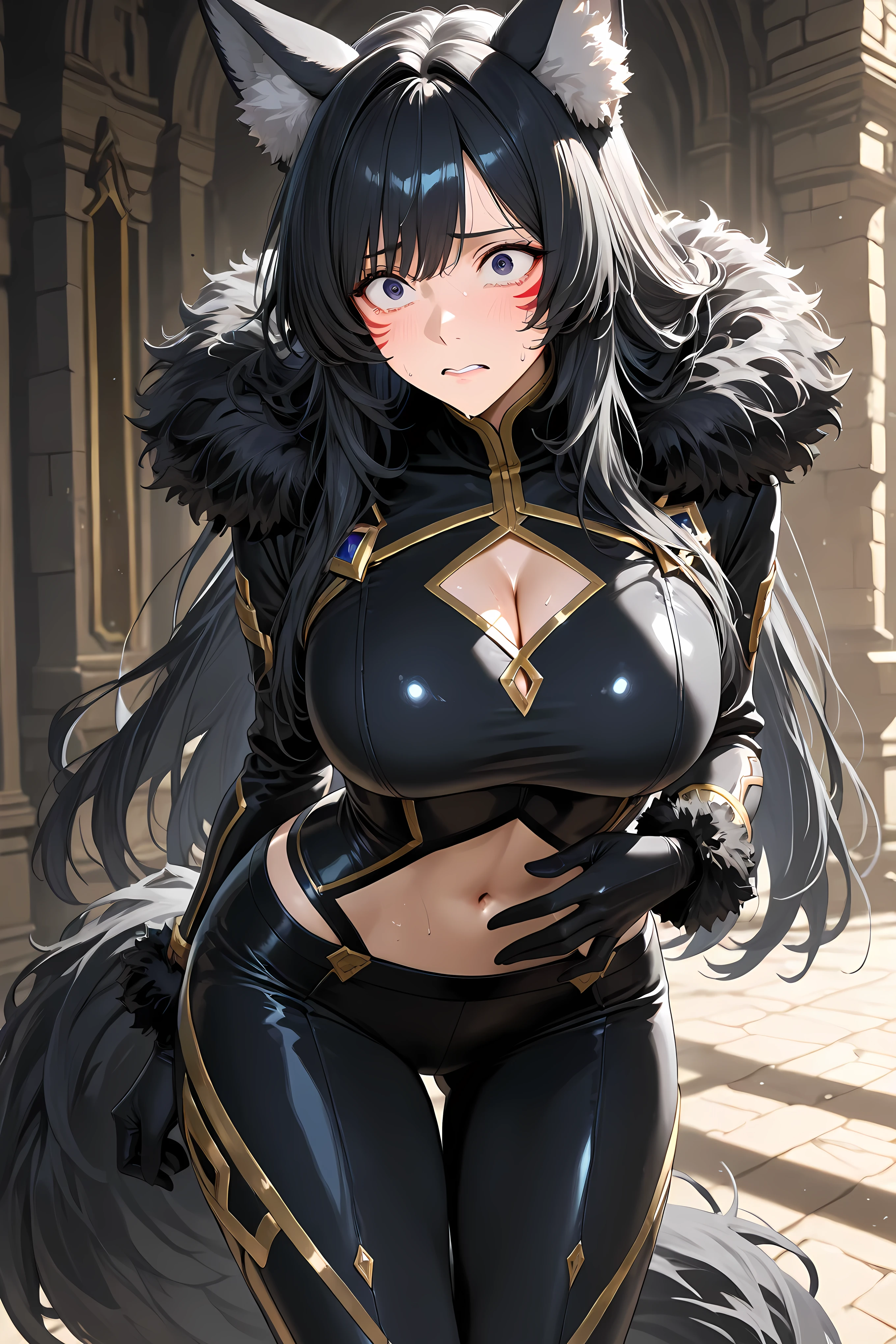 delta, black hair, long hair, facial mark, wolf ears,black bodysuit, long sleeves, cleavage cutout, gold trim, navel, black pants, black gloves, fur trim, tail,
Solo, general, masterpiece, highres, ultra-detailed, hyper-detailed, best quality, amazing quality, very aesthetic, best hands, best eyes, best hand
adult woman, 1woman, hand on own stomach, sweat, leaning forward, nervous, scared, trembling legs, sunlight lighting, chiseled stone castle passage,