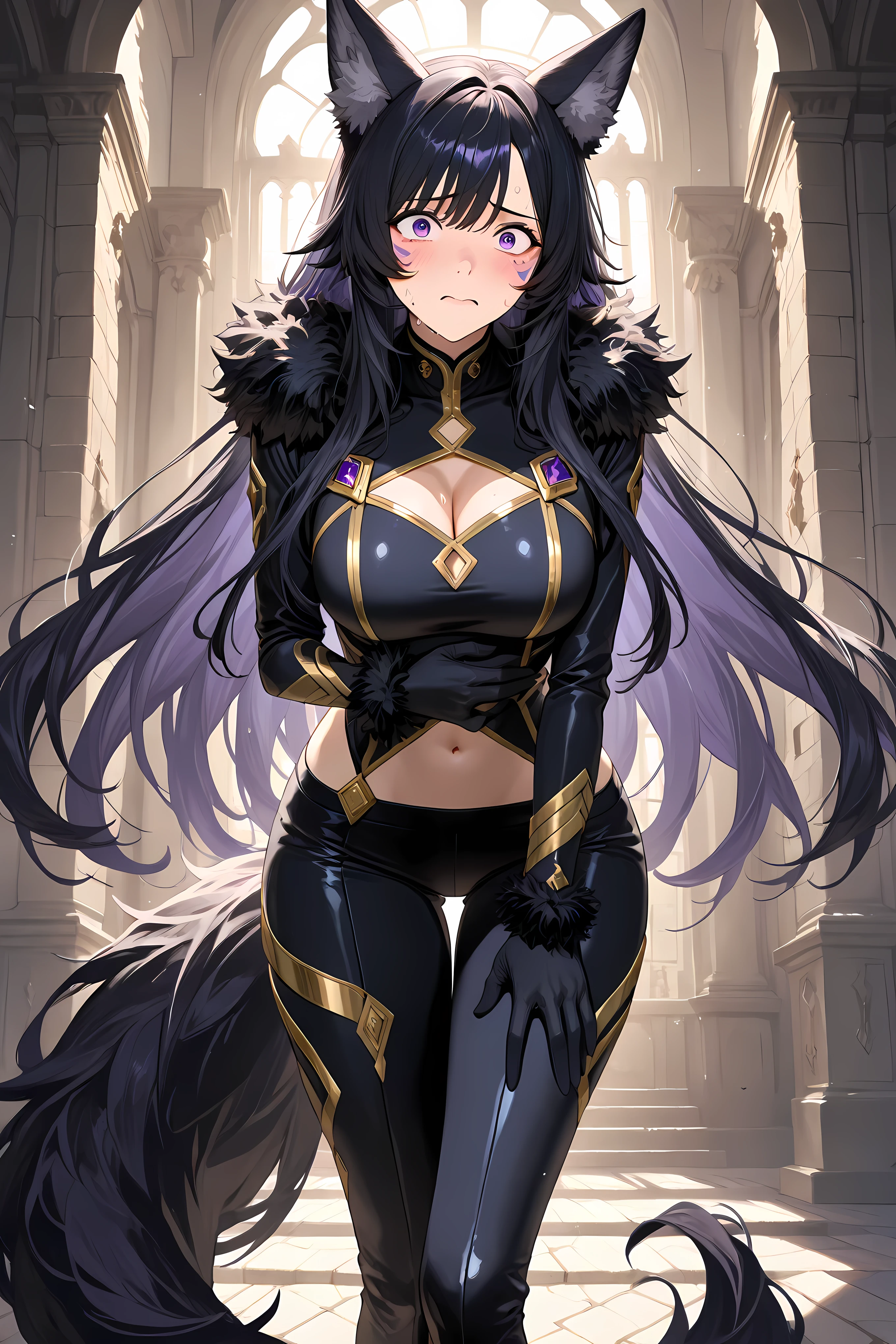 delta, purple eyes, purple facial mark, black hair, long hair, facial mark, wolf ears,black bodysuit, long sleeves, cleavage cutout, gold trim, navel, black pants, black gloves, fur trim, tail,
Solo, general, masterpiece, highres, ultra-detailed, hyper-detailed, best quality, amazing quality, very aesthetic, best hands, best eyes, best hand
adult woman, 1woman, hand on own stomach, sweat, leaning forward, nervous, scared, trembling legs, sunlight lighting, chiseled stone castle passage,