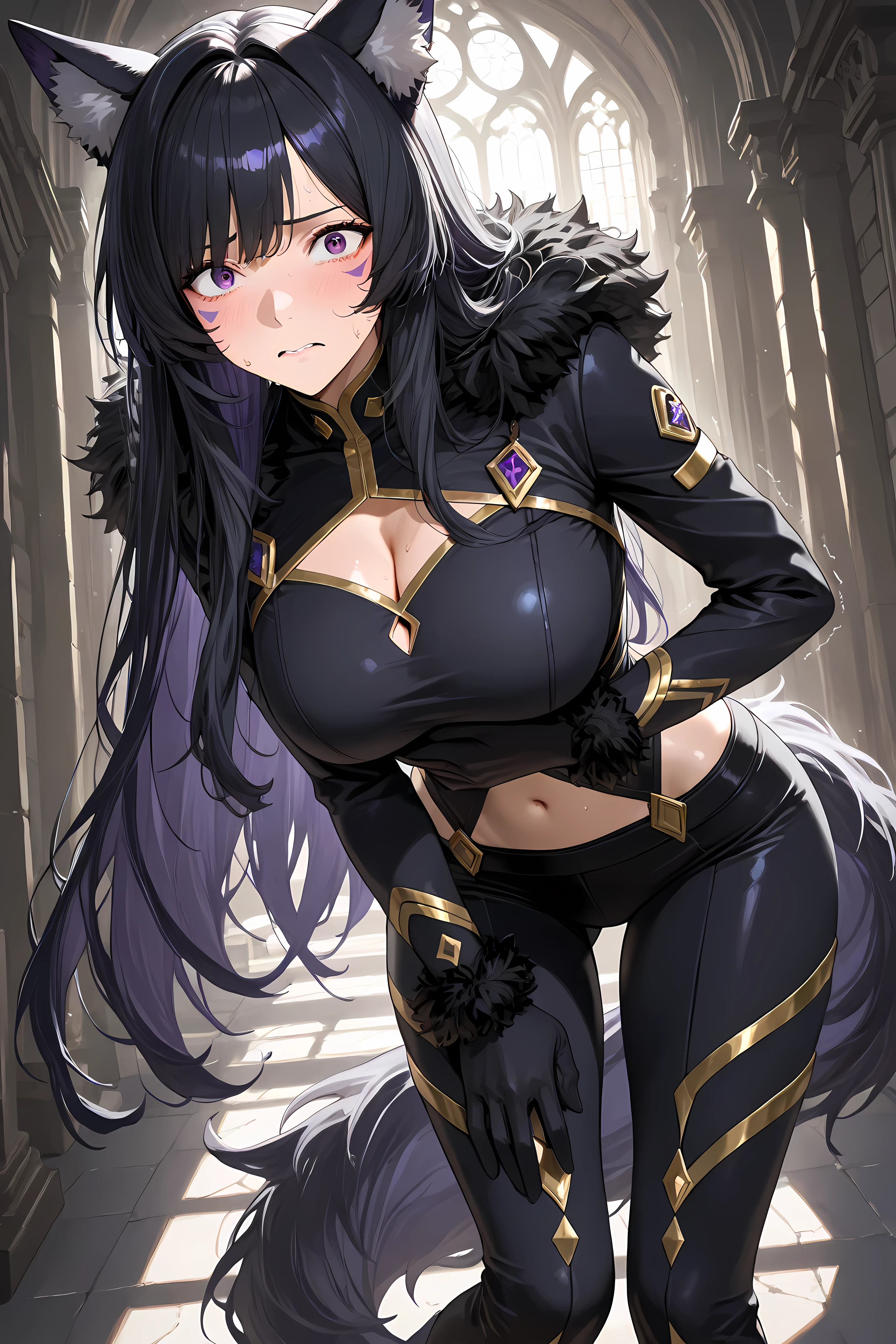 delta, purple eyes, purple facial mark, black hair, long hair, facial mark, wolf ears,black bodysuit, long sleeves, cleavage cutout, gold trim, navel, black pants, black gloves, fur trim, tail,
Solo, general, masterpiece, highres, ultra-detailed, hyper-detailed, best quality, amazing quality, very aesthetic, best hands, best eyes, best hand
adult woman, 1woman, both hand on own stomach, sweat, leaning forward, nervous, scared, trembling legs, sunlight lighting, chiseled stone castle corridor,