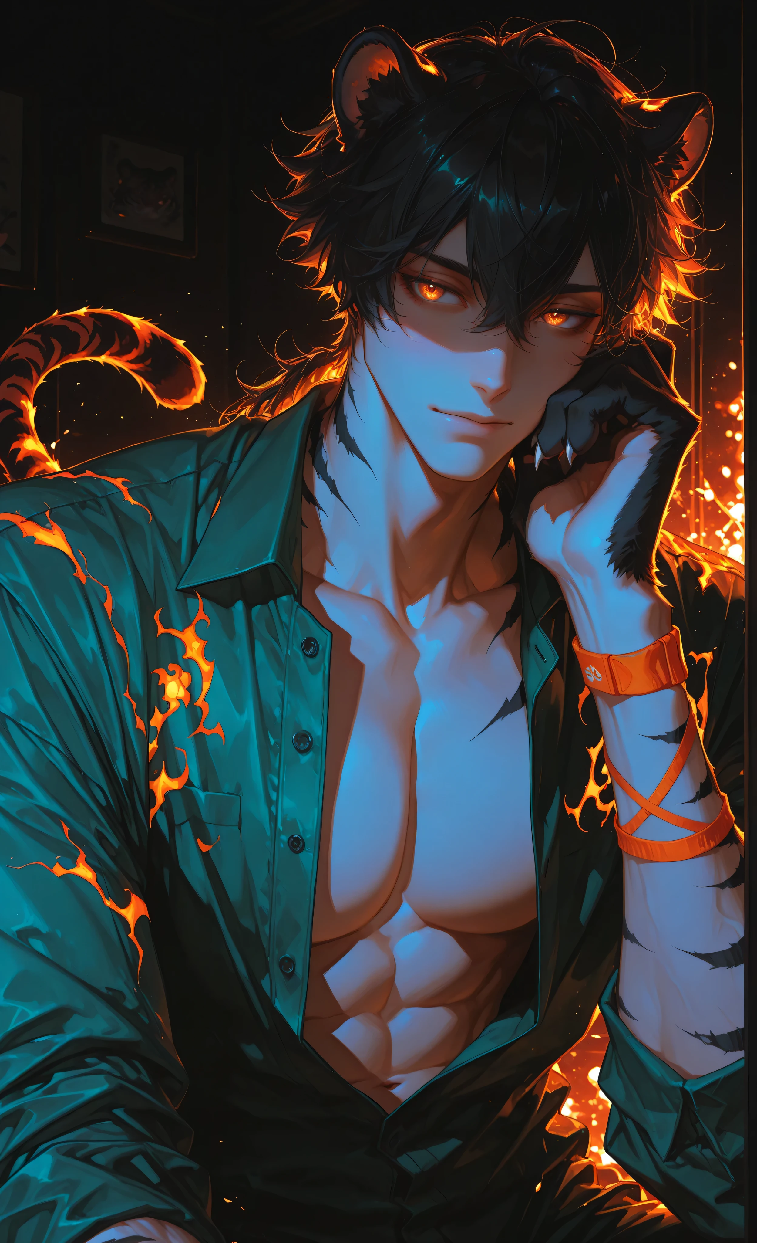 (neon aesthetic, neon colors, glowing, glow effect, vibrant colors, high contrast, fluorescent, luminescence, light effects, chromatic lighting, colorful lighting, bright outlines, neon lineart, dark background, digital art, kemonomimi_mode, animal_ears, no_human_ears, only_animal_ears,moody lighting, dramatic shadows, bloom lighting, colored shadows,masterpiece: 1.3, 8k: 1.3, Highest quality: 1.3, detail: 1.3, high resolution: 1.3, digital painting, super detail, 1male, A manly face, rough facial features, hip-high frame)1male, solo, muscular anthropomorphic tiger-man with completely human face, handsome blend of Asian and Caucasian features, strong jawline, athletic physique. Short tousled black hair with tiger ears on head. His arms end in detailed furry tiger paws with black stripes, visible pads and claws instead of human hands. Amber eyes, focused intense expression. Partially unbuttoned dark green jacket over bare defined chest, revealing toned abdomen. Left tiger paw rests against cheek. Wristband on arm. Distinctive black tiger stripes adorn neck and upper arms. Massage parlor setting with warm orange front lighting casting dramatic shadows, accentuating physique. Confident sensual mood. Style of Genshin Impact and Beastars, anthropomorphic elements, detailed black fur texture, detailed fur texture black , **animal paws instead of hands** human face with animal features, dynamic pose, three-quarter view.