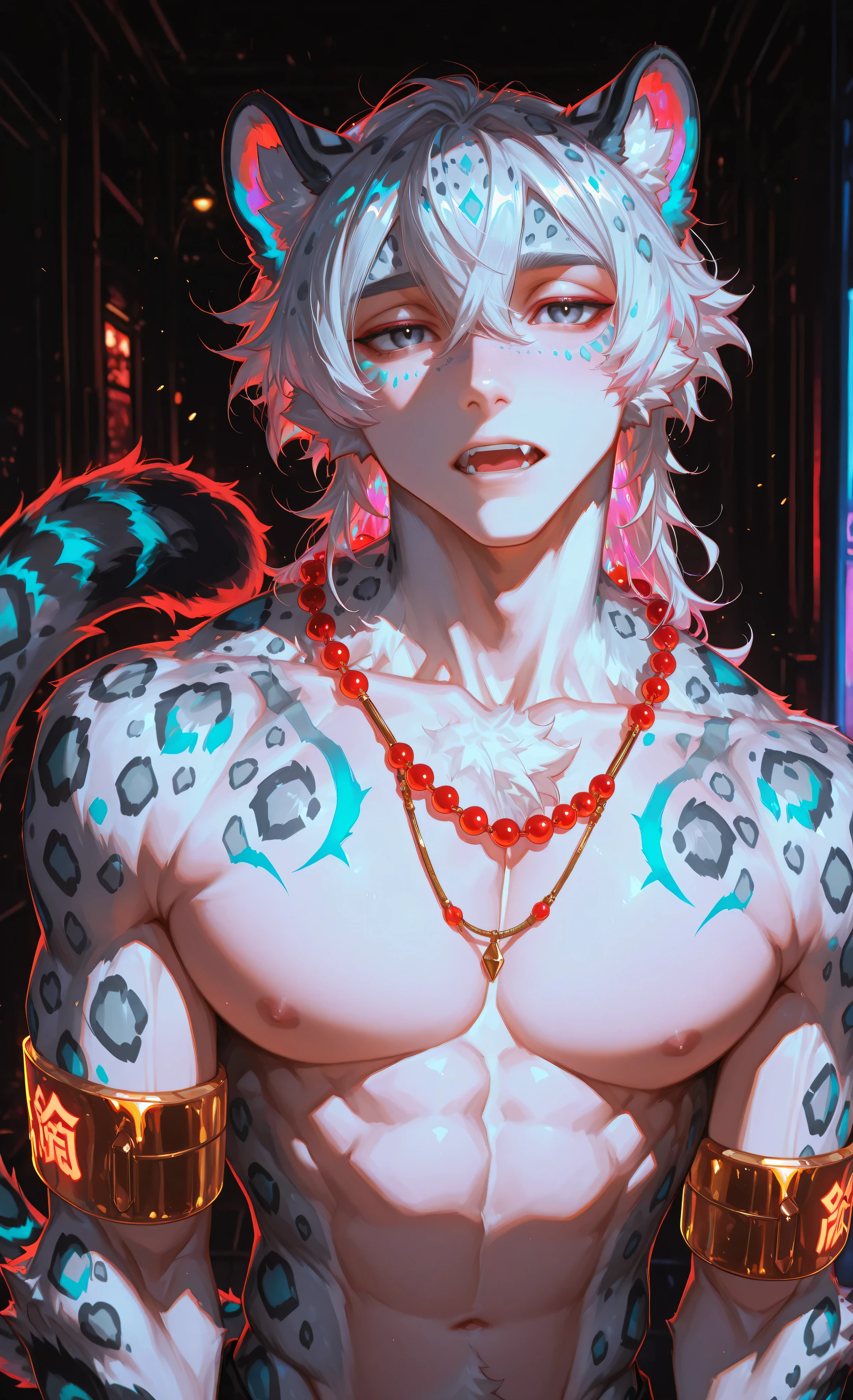 (neon aesthetic, neon colors, glowing, glow effect, vibrant colors, high contrast, fluorescent, luminescence, light effects, chromatic lighting, colorful lighting, bright outlines, neon lineart, dark background, digital art, kemonomimi_mode, animal_ears, no_human_ears, only_animal_ears,moody lighting, dramatic shadows, bloom lighting, colored shadows,masterpiece: 1.3, 8k: 1.3, Highest quality: 1.3, detail: 1.3, high resolution: 1.3, digital painting, super detail, 1male, A manly face, rough facial features, hip-high frame) 1male, solo, muscular athletic physique, broad shoulders, defined chest, handsome young man with completely human face, strong jawline. He has snow leopard ears with spotted pattern on his head. His arms end in full snow leopard paws with thick white fur, black pads and retracted claws, no human hands. Pale skin, white wavy hair, striking black eyes. Tense expression with slightly open mouth, holding his striped tail seductively. Golden armbands on arms, red string with gold beads across chest. Soft blurred massage room background. Close-up upper body shot with slight angle emphasizing physique. Sensual fantasy mood, polished style. Style of Genshin Impact and furry art, anthropomorphic elements, detailed fur texture, animal paws instead of hands, dramatic lighting accentuating muscles.