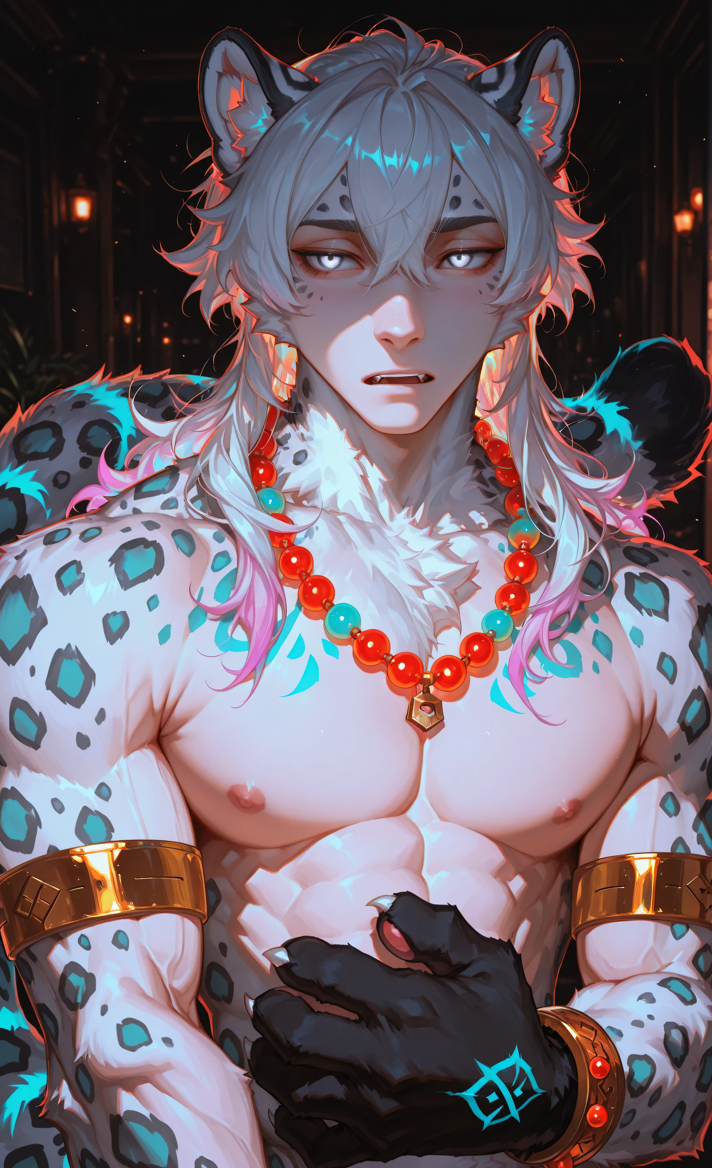 (neon aesthetic, neon colors, glowing, glow effect, vibrant colors, high contrast, fluorescent, luminescence, light effects, chromatic lighting, colorful lighting, bright outlines, neon lineart, dark background, digital art, kemonomimi_mode, animal_ears, no_human_ears, only_animal_ears,moody lighting, dramatic shadows, bloom lighting, colored shadows,masterpiece: 1.3, 8k: 1.3, Highest quality: 1.3, detail: 1.3, high resolution: 1.3, digital painting, super detail, 1male, A manly face, rough facial features, hip-high frame) 1male, solo, muscular athletic physique, broad shoulders, defined chest, handsome young man with completely human face, strong jawline. He has snow leopard ears with spotted pattern on his head. His arms end in full snow leopard paws with thick white fur, black pads and retracted claws, no human hands. Pale skin, white wavy hair, striking black eyes. Tense expression with slightly open mouth, holding his striped tail seductively. Golden armbands on arms, red string with gold beads across chest. Soft blurred massage room background. Close-up upper body shot with slight angle emphasizing physique. Sensual fantasy mood, polished style. Style of Genshin Impact and furry art, anthropomorphic elements, detailed fur texture, animal paws instead of hands, dramatic lighting accentuating muscles.