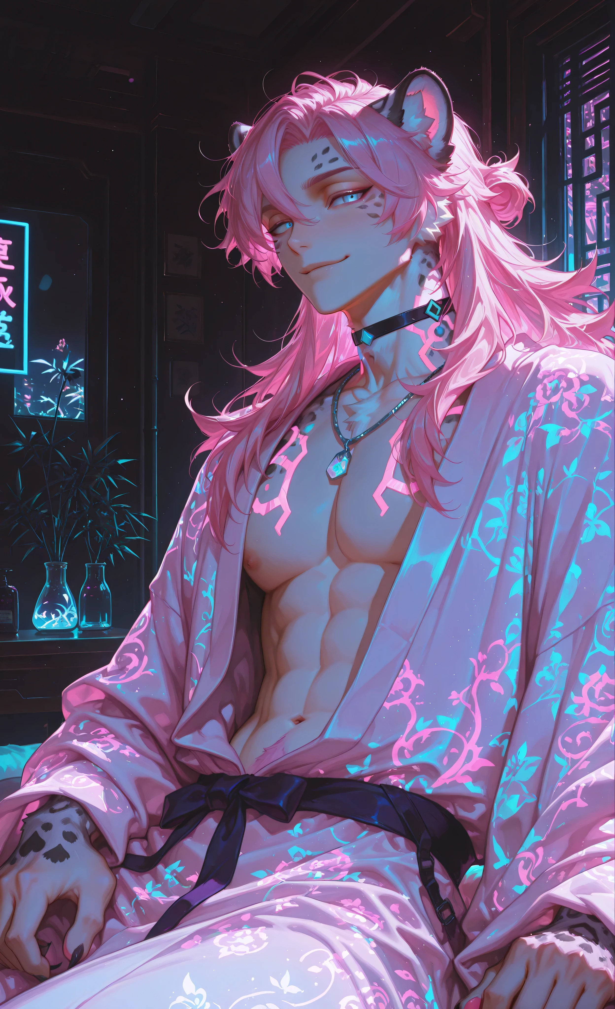 (neon aesthetic, neon colors, glowing, glow effect, vibrant colors, high contrast, fluorescent, luminescence, light effects, chromatic lighting, colorful lighting, bright outlines, neon lineart, dark background, digital art, kemonomimi_mode, animal_ears, no_human_ears, only_animal_ears,moody lighting, dramatic shadows, bloom lighting, colored shadows,masterpiece: 1.3, 8k: 1.3, Highest quality: 1.3, detail: 1.3, high resolution: 1.3, digital painting, super detail, 1male, A manly face, rough facial features, hip-high frame)1male, solo, handsome young man with completely human face, masculine features, strong jawline, muscular athletic physique. He has snow leopard ears with spotted pattern on his head. His arms transform into full snow leopard forepaws with thick fur, black pads, and retracted claws, no human hands. White flowing hair, piercing bright blue eyes. Body covered in tattoos with neon pink and purple shimmer. Open flowing white robe reveals torso. Black choker, silver necklace with turquoise pendant. Serene expression with slight smirk. **Massage parlor setting: dimly lit room with massage table, aromatic oil diffuser, silk screens, bamboo elements, soft ambient lighting.** Bright neon backlighting (pink, purple) from window signs casting soft shadows, highlighting neon tattoos. Mystical ethereal mood. Style of Genshin Impact and furry art, anthropomorphic elements, detailed fur texture white, animal paws instead of hands, cyberpunk fantasy, human face with animal features, luxury spa atmosphere.