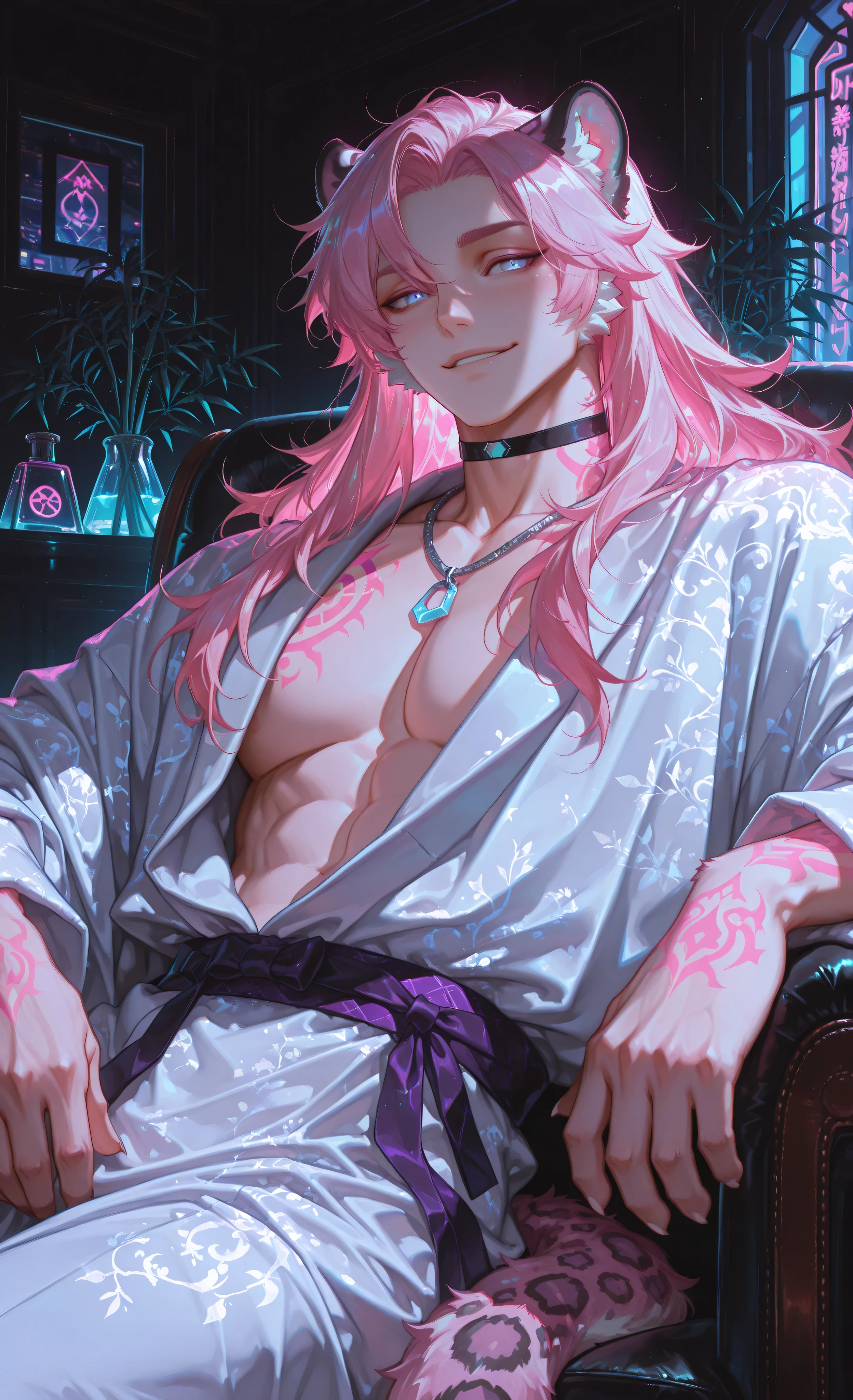 (neon aesthetic, neon colors, glowing, glow effect, vibrant colors, high contrast, fluorescent, luminescence, light effects, chromatic lighting, colorful lighting, bright outlines, neon lineart, dark background, digital art, kemonomimi_mode, animal_ears, no_human_ears, only_animal_ears,moody lighting, dramatic shadows, bloom lighting, colored shadows,masterpiece:1.3, 8k:1.3, Highest quality:1.3, detail:1.3, high resolution:1.3, digital painting, super detail, 1male, A manly face, rough facial features, hip-high frame)1male, solo, handsome young man with completely human face, masculine features, strong jawline, muscular athletic physique. He has snow leopard ears with spotted pattern on his head. His arms transform into full snow leopard forepaws with thick fur, black pads, and retracted claws, no human hands. White flowing hair, piercing bright blue eyes. Body covered in tattoos with neon pink and purple shimmer. Open flowing white robe reveals torso. Black choker, silver necklace with turquoise pendant. Serene expression with slight smirk.**Sitting relaxed in a luxurious armchair in the massage waiting room, one paw resting on the armrest.** Massage parlor setting: dimly lit room with massage table in background, aromatic oil diffuser, silk screens, bamboo elements, soft ambient lighting. Bright neon backlighting (pink, purple) from window signs casting soft shadows, highlighting neon tattoos. Mystical ethereal mood. Style of Genshin Impact and furry art, anthropomorphic elements, detailed fur texture white, animal paws instead of hands, cyberpunk fantasy, human face with animal features, luxury spa atmosphere.