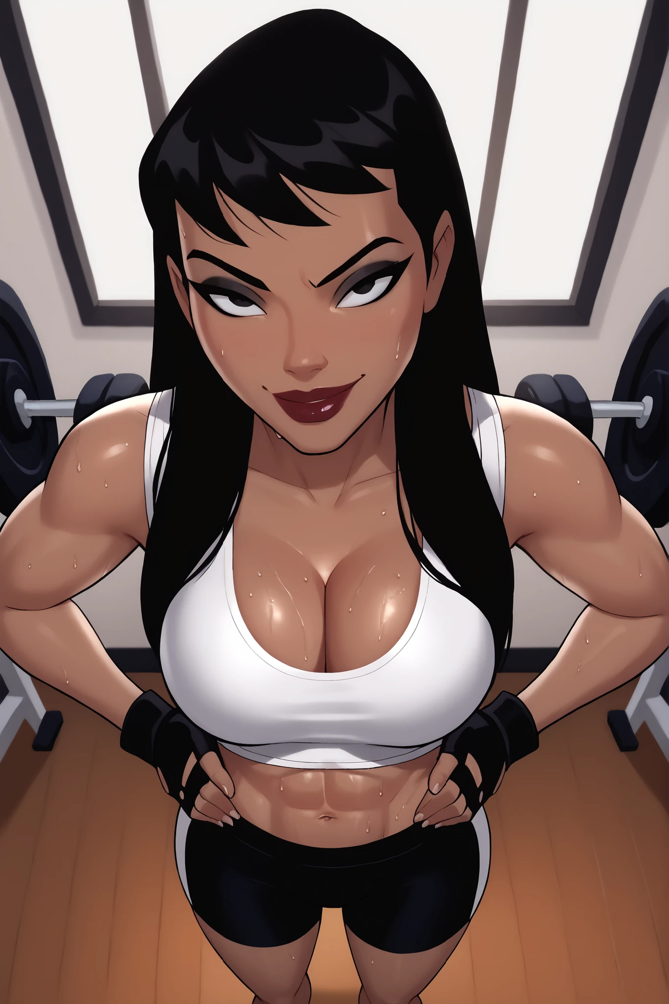 BREAK, score_6_up, score_7_up, score_8_up, score_9, 1girl, solo, Drlight, long hair, black hair, black eyes, lipstick, makeup, dark-skinned female, , busty, cleavage, curvy, athletic, midriff, looking at viewer, seducing viewer, teasing viewer, expression, smiling, closed mouth, bedroom eyes, white sports bra, black gym shorts, white fingerless gloves, indoors, gym, standing, closeup, portrait, upper body, high-angle view, black eyeshadow, hands on waist, sweaty, sweat drops