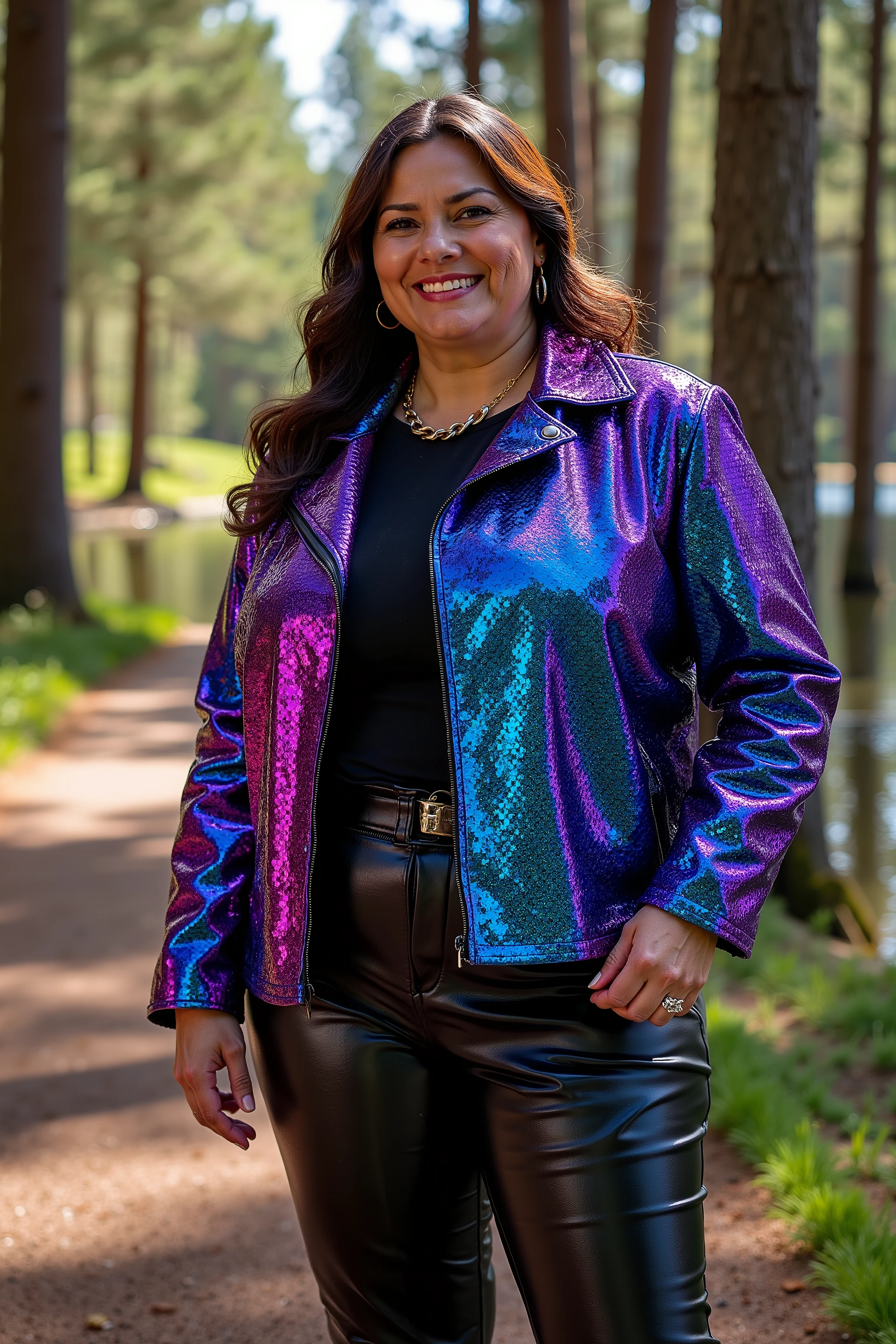 gbth70sjkt, a 44 year old woman weighing 220 pounds wears a bright purple and blue sequin jacket gbth70sjkt, the woman is standing on the side of a majestic forest walk path with a serene lake behind her, it is mid day, the sun reflects off of her jacket, she wears shiny black leather pants, a polished blue leather jacket