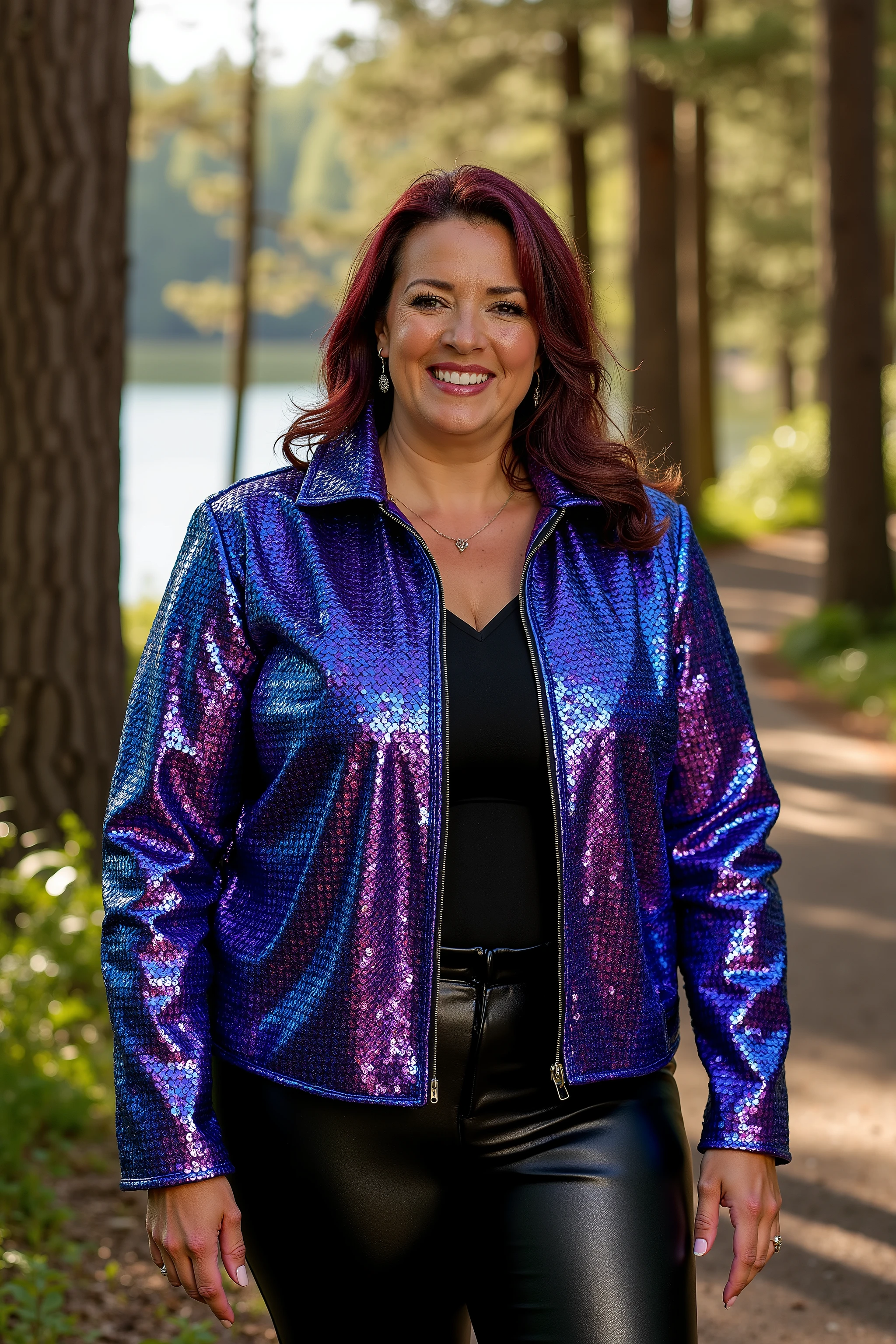 gbth70sjkt, a 44 year old woman weighing 220 pounds wears a bright purple and blue sequin jacket gbth70sjkt, the woman is standing on the side of a majestic forest walk path with a serene lake behind her, it is mid day, the sun reflects off of her jacket, she wears shiny black leather pants, a polished blue leather jacket