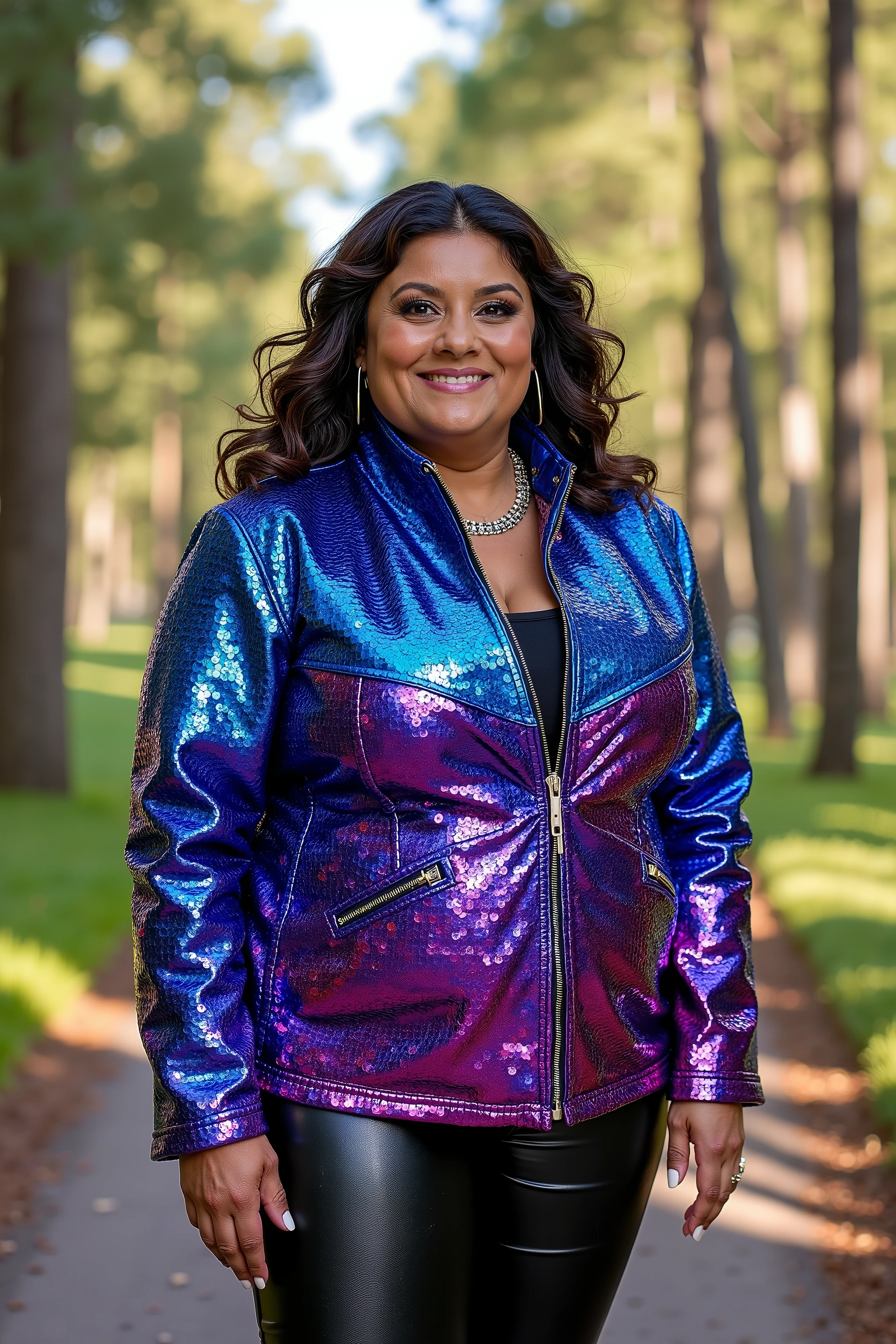 gbth70sjkt, a 44 year old woman weighing 220 pounds wears a bright purple and blue sequin jacket gbth70sjkt, the woman is standing on the side of a majestic forest walk path with a serene lake behind her, it is mid day, the sun reflects off of her jacket, she wears shiny black leather pants, a polished blue leather jacket
