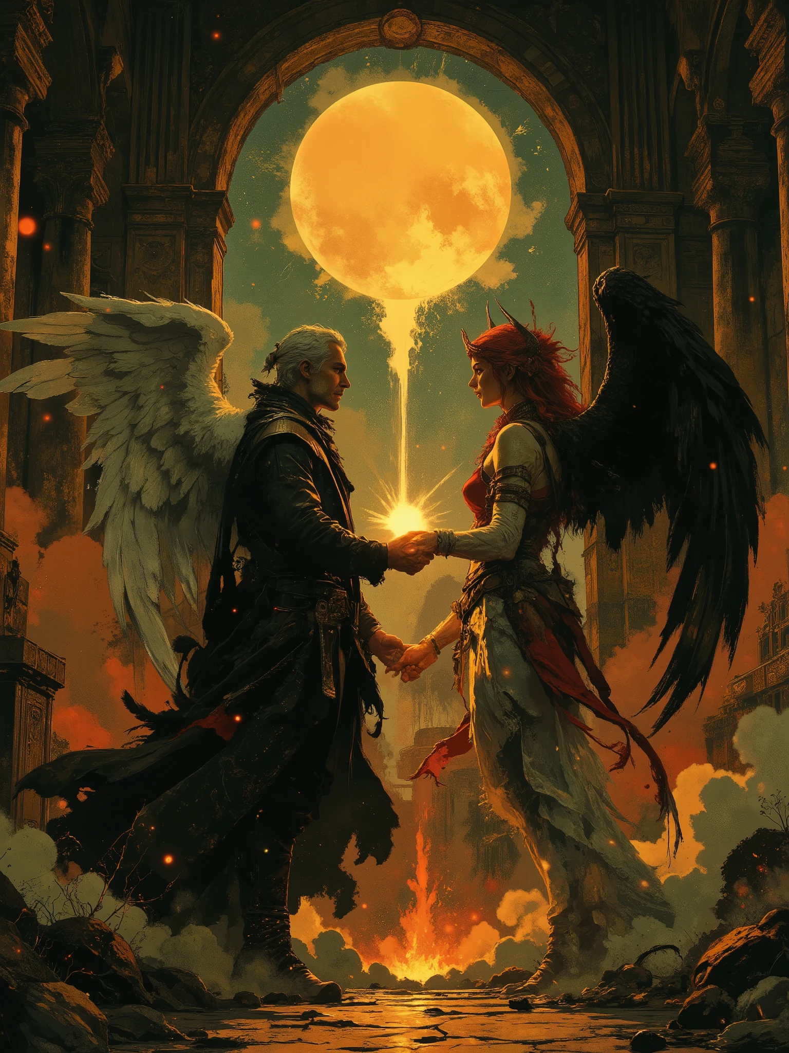 masterpiece, highest quality, super detailed, ultra-high resolution, best illustrations, 32k, ancient luxurious temple interior, dynamic lighting casting shadows on ornate columns, shining gold accents, glittering jeweled mosaics, impressionist style with visible brushstrokes, spiritual atmosphere, two powerful figures facing each other in perfect opposition, angel on left - handsome 40-year-old man with aquiline features, short stylish white hair, wry expression, dark fancy high-collared coat, silver-white feathered wings, faint glowing halo, demon on right - beautiful busty 32-year-old short woman with extremely white skin, long luxurious red hair, rosatia, roguish grin, eclectic fashion mixing street style and designer pieces, dark horns, fiery raven wings, flames rising behind her, intense loving gazes between them, their hands nearly touching, massive energy vortex swirling around both figures, sun eclipse visible through temple window, symbolic representation of harmony between opposites, metaphysical transcendence, philosophical balance, perfect unity of light and darkness