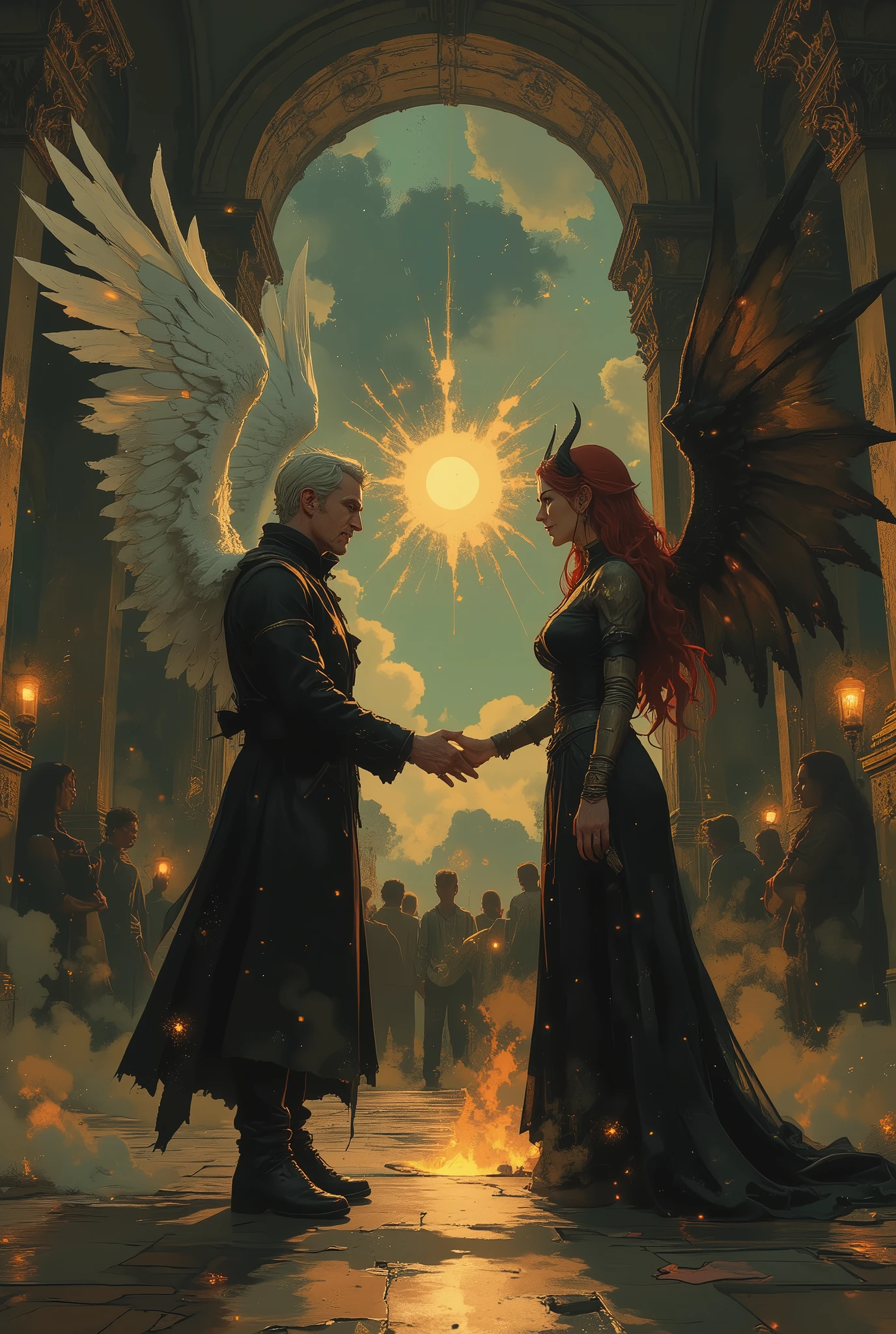 masterpiece, highest quality, super detailed, ultra-high resolution, best illustrations, 32k, ancient luxurious temple interior, dynamic lighting casting shadows on ornate columns, shining gold accents, glittering jeweled mosaics, impressionist style with visible brushstrokes, spiritual atmosphere, two powerful figures facing each other in perfect opposition, angel on left - handsome 40-year-old man with aquiline features, short stylish white hair, wry expression, dark fancy high-collared coat, silver-white feathered wings, faint glowing halo, demon on right - beautiful busty 32-year-old short woman with extremely white skin, long luxurious red hair, rosatia, roguish grin, eclectic fashion mixing street style and designer pieces, dark horns, fiery raven wings, flames rising behind her, intense loving gazes between them, their hands nearly touching, massive energy vortex swirling around both figures, sun eclipse visible through temple window, symbolic representation of harmony between opposites, metaphysical transcendence, philosophical balance, perfect unity of light and darkness