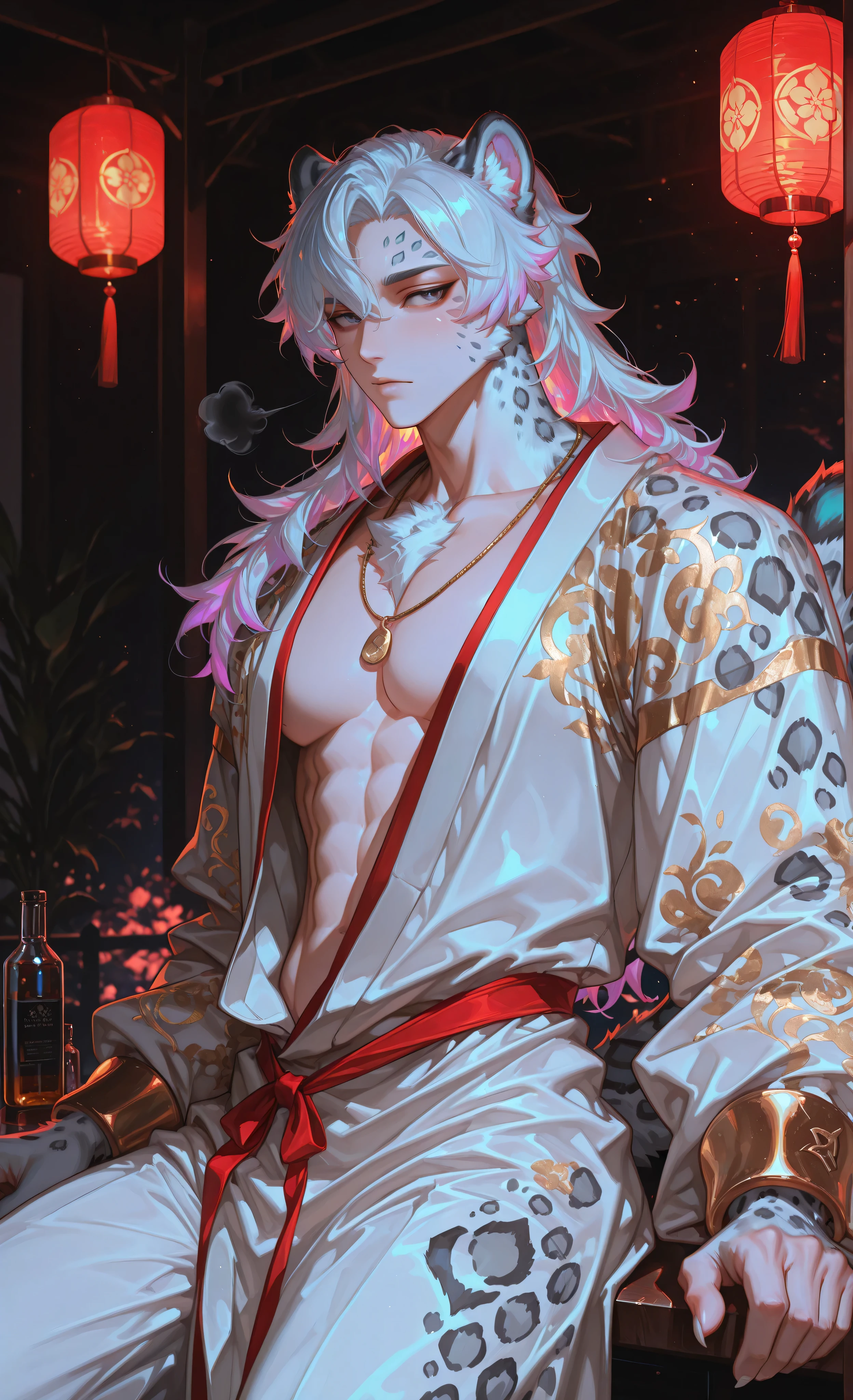 (neon aesthetic, neon colors, glowing, glow effect, vibrant colors, high contrast, fluorescent, luminescence, light effects, chromatic lighting, colorful lighting, bright outlines, neon lineart, dark background, digital art, kemonomimi_mode, animal_ears, no_human_ears, only_animal_ears,moody lighting, dramatic shadows, bloom lighting, colored shadows, masterpiece:1.3, 8k:1.3, Highest quality:1.3, detail:1.3, high resolution:1.3, digital painting, super detail, 1male, A manly face, rough facial features, hip-high frame) 1male, solo, muscular athletic physique, broad shoulders, defined chest, handsome young man with completely human face, strong jawline. He has snow leopard ears with spotted pattern on his head. His arms end in full snow leopard paws::1.4 with thick white fur, **sleek design without visible pads**, retracted claws, no human hands. Pale skin, white wavy hair, striking black eyes. Wearing a partially open white massage robe, revealing his muscular chest and the red string with gold beads necklace clearly visible. Professional massage pose: standing beside massage table, performing focused massage techniques on client's back. Concentrated yet slightly alluring expression. Golden armbands on arms. Massage room details: massage table with white sheets, essential oil bottles, steam rising from warm stones, silk partitions. Soft blurred background with dramatic lighting from paper lanterns. Medium shot emphasizing physique and technique. Style of Genshin Impact and furry art, anthropomorphic elements, detailed fur texture, animal paws instead of hands, professional masseur with subtle allure.