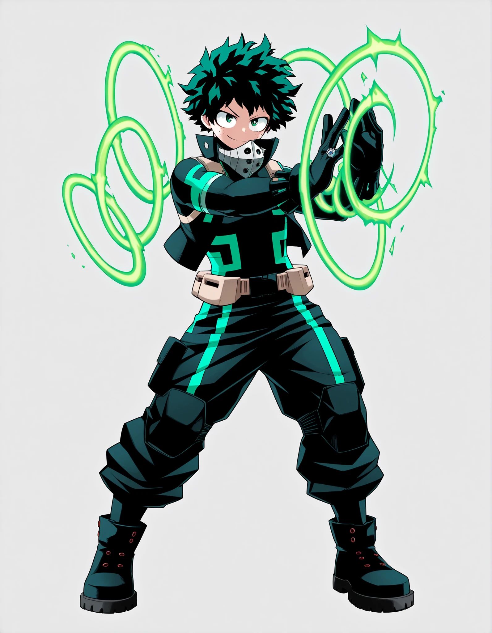 ((Highest Quality)), ((Simple Light Grey Background)), (My Hero Academia Style), standing, 1male, (Male), solo, slender body, athletic body, slim body, standing, Full Body, Super villain, super villain character, Izuku Midoriya, two-tone bodysuit, dark green and black bodysuit, dark green bodysuit with Black details, black ankle combat boots, black combat gloves, black cropped Open Jacket, loose black cargo pants tucked in boots, (((10 small energy round flying Rings))), (((Neon Green 10 small energy round flying Rings))), green eyes, half-closed eyes, Evil look, smirk, (((10 small energy round flying Rings around))), combat pose, heroic pose, ring energy effect, green ring energy effect, ring energy power effect, energy ring effect, multiple energy rings effect around, multiple energy Rings around, multiple energy rings,
