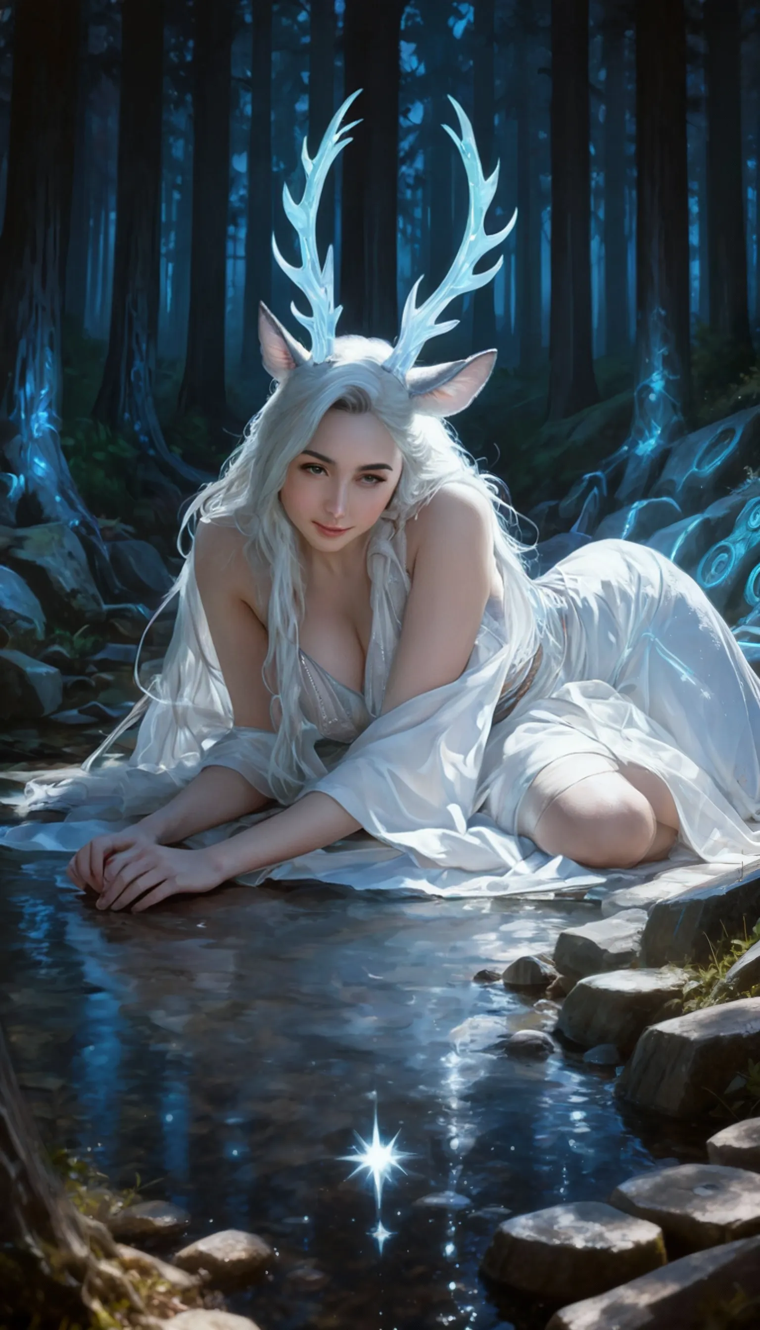 Moonlit Contemplation: Daenerys stood at the edge of a serene lake, the moonlight casting a silver sheen on the water. Her see-through dress ( visible) flowed down her back, capturing the elegant lines of her figure. Her long hair, like liquid silver, cascaded over the delicate fabric as she stood lost in thought, the night enveloping her in its tranquil embrace.