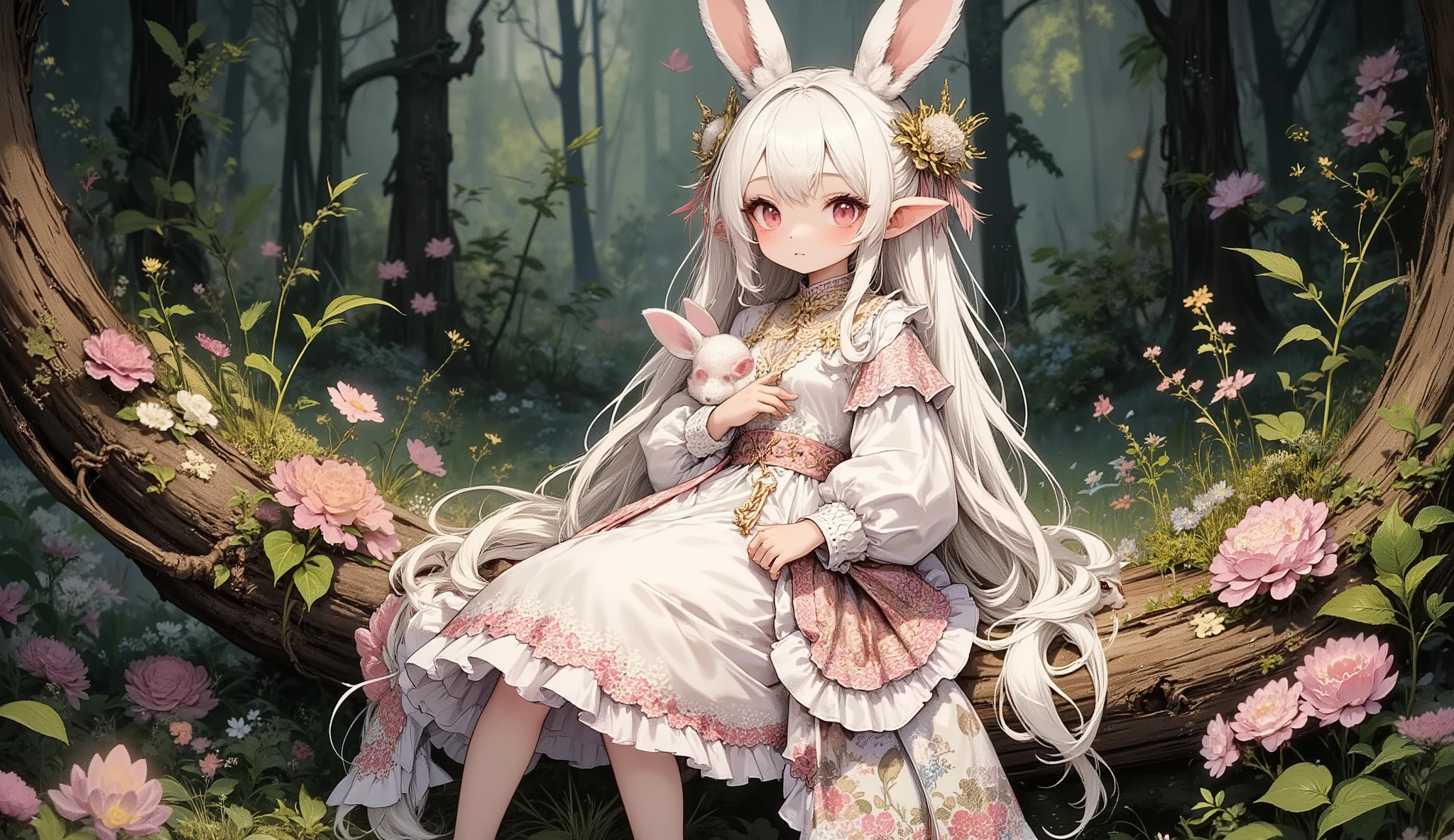 (Highest Quality, Super Detailed:1.5), 8k,(one girl), (Elf Girl with Rabbit Ears:1.5),platinum blonde hair, very long hair, round eyes,(Rabbit Ears Grow:1.5), (Anatomically Accurate Hand:1.5),( RED Beautiful Eyes :1.5), full body, lift your arms back, small breasts,(美しいLianas and flowers々I'm playing with fairies like rabbits:1.5),( beautiful flowers 々of each tree is in full bloom:1.5), (Beautiful Fantastic Forest in the Background:1.5), (is a long-sleeved white and pink ruffle-colored dress:1.5), (Lianas and flowers々I'm sitting in a hammock made of:1.5),(the girl holding a biologically accurate rabbit:1.5),(Anatomically Accurate Hand:1.5),(The girl's full body and ears are on the screen:1.5),