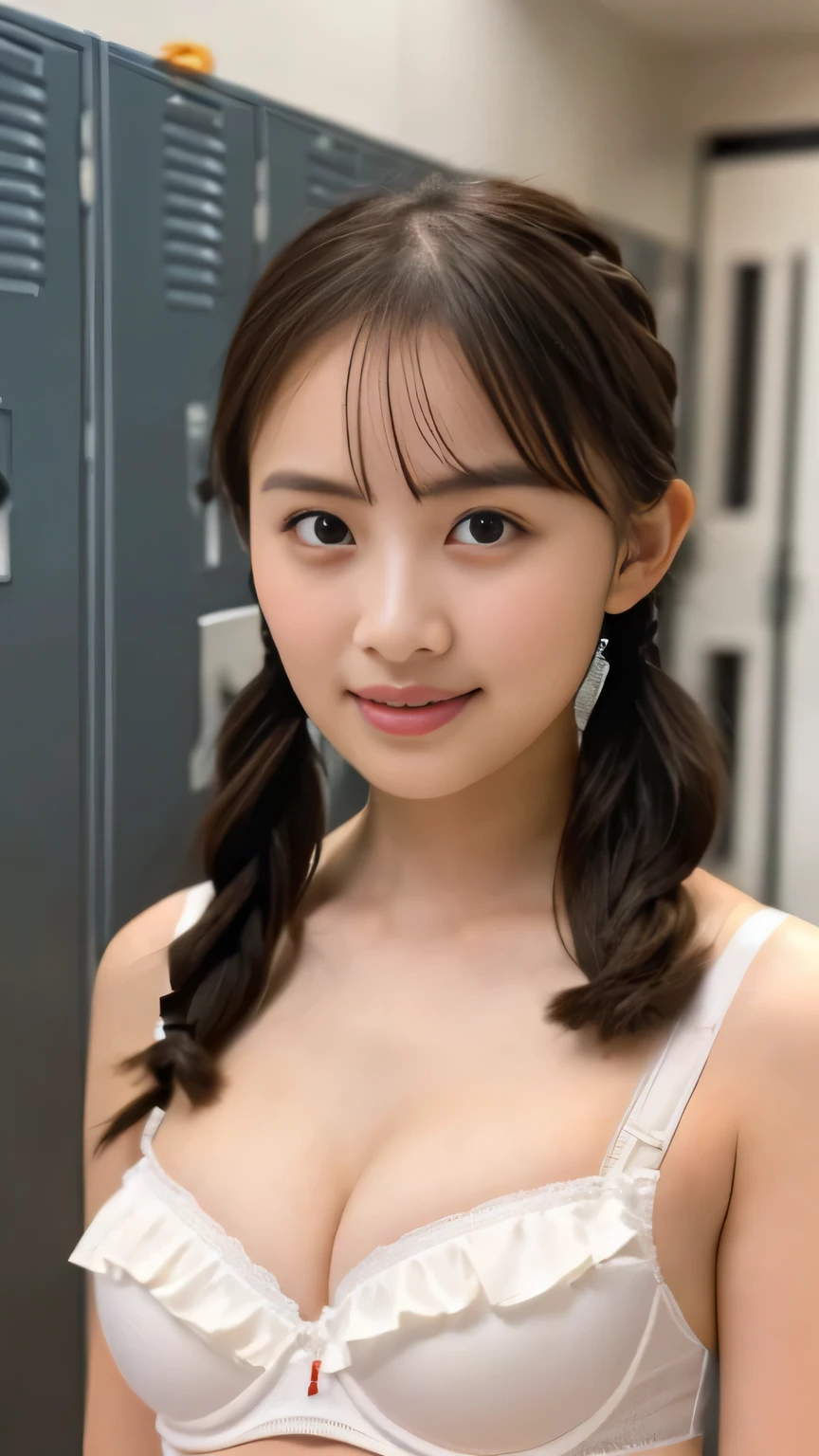 an unrivaled masterpiece, Highest Quality,perfect face、high image quality, (Duo、 Little Girl、elementary school student、beautiful sisters, delicate:1.3), ( focus on writing:1.3), amazing transparency , ({{X}}:1.3), (child、baby-like face、beautiful girl、gentle eXpression ), ( Please show me a full body picture of a white bra with frills、random pattern underwear:1.3), brown eyes, bang ,Please show me a full body picture of twin tail braids, , ( indoor、Locker Room, wait.、eye and face details:1.4) actual images 、 gentle and attractive smile、super big breasts、