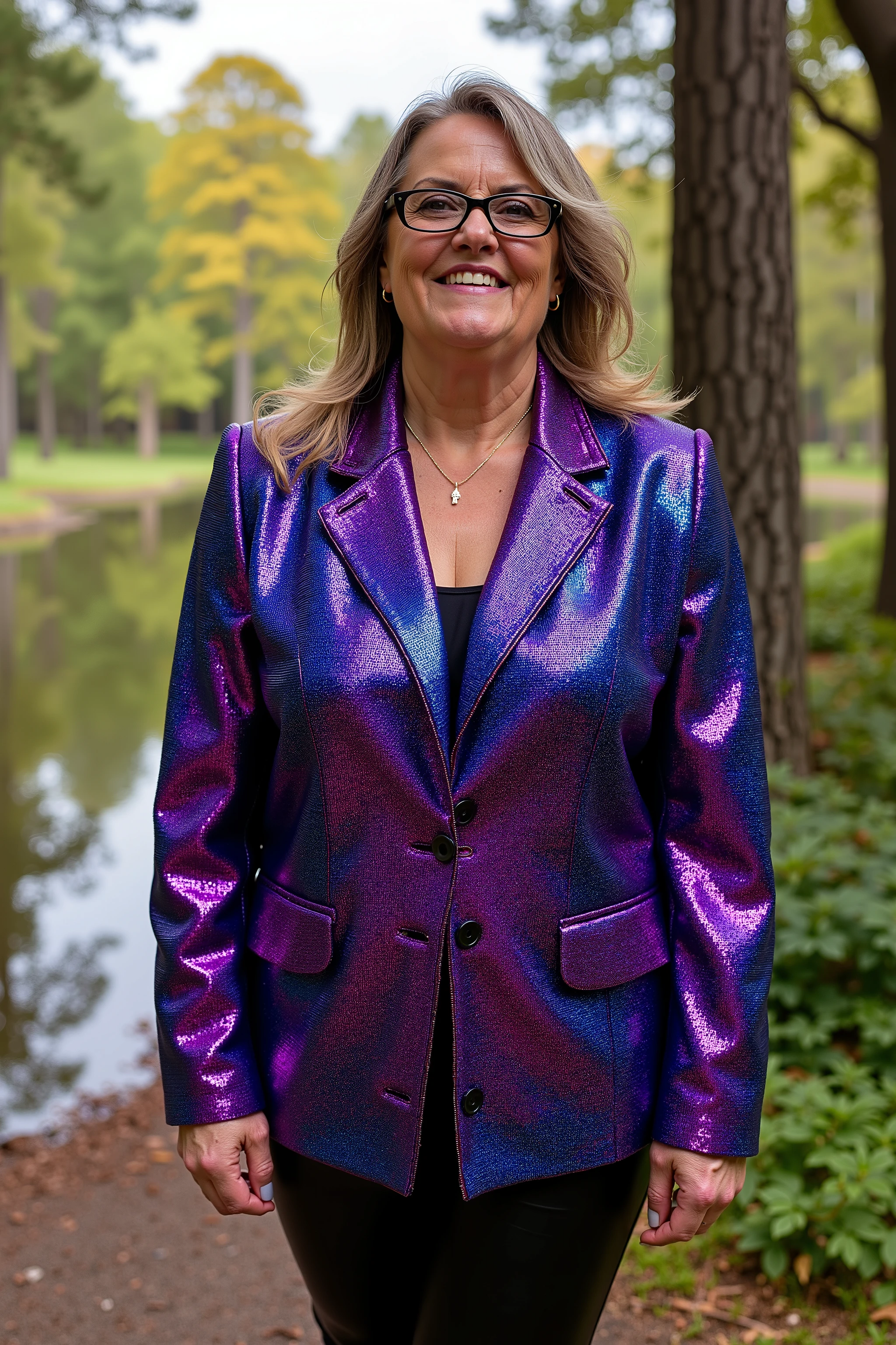 gbth70sjkt, a 44 year old woman weighing 220 pounds wears a bright purple and blue sequin formal blazer gbth70sjkt, the woman is standing on the side of a majestic forest walk path with a serene lake behind her, it is mid day, the sun reflects off of her jacket, she wears shiny black leather pants,