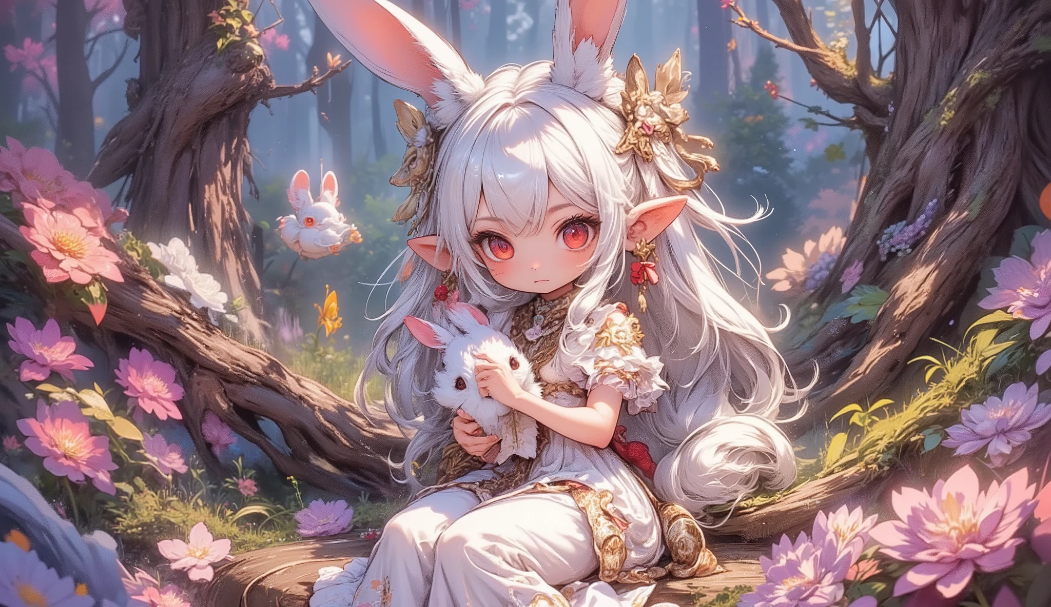 (Highest Quality, Super Detailed:1.5), 8k,(one girl), (Elf Girl with Rabbit Ears:1.5),platinum blonde hair, very long hair, round eyes,(Rabbit Ears Grow:1.5), (Anatomically Accurate Hand:1.5),( RED Beautiful Eyes :1.5), full body, lift your arms back, small breasts,(美しいLianas and flowers々I'm playing with fairies like rabbits:1.5),( beautiful flowers 々of each tree is in full bloom:1.5), (Beautiful Fantastic Forest in the Background:1.5), (is a long-sleeved white and pink ruffle-colored dress:1.5), (Lianas and flowers々I'm sitting in a hammock made of:1.5),(the girl holding a biologically accurate rabbit:1.5),(Anatomically Accurate Hand:1.5),(The girl's full body and ears are on the screen:1.5),