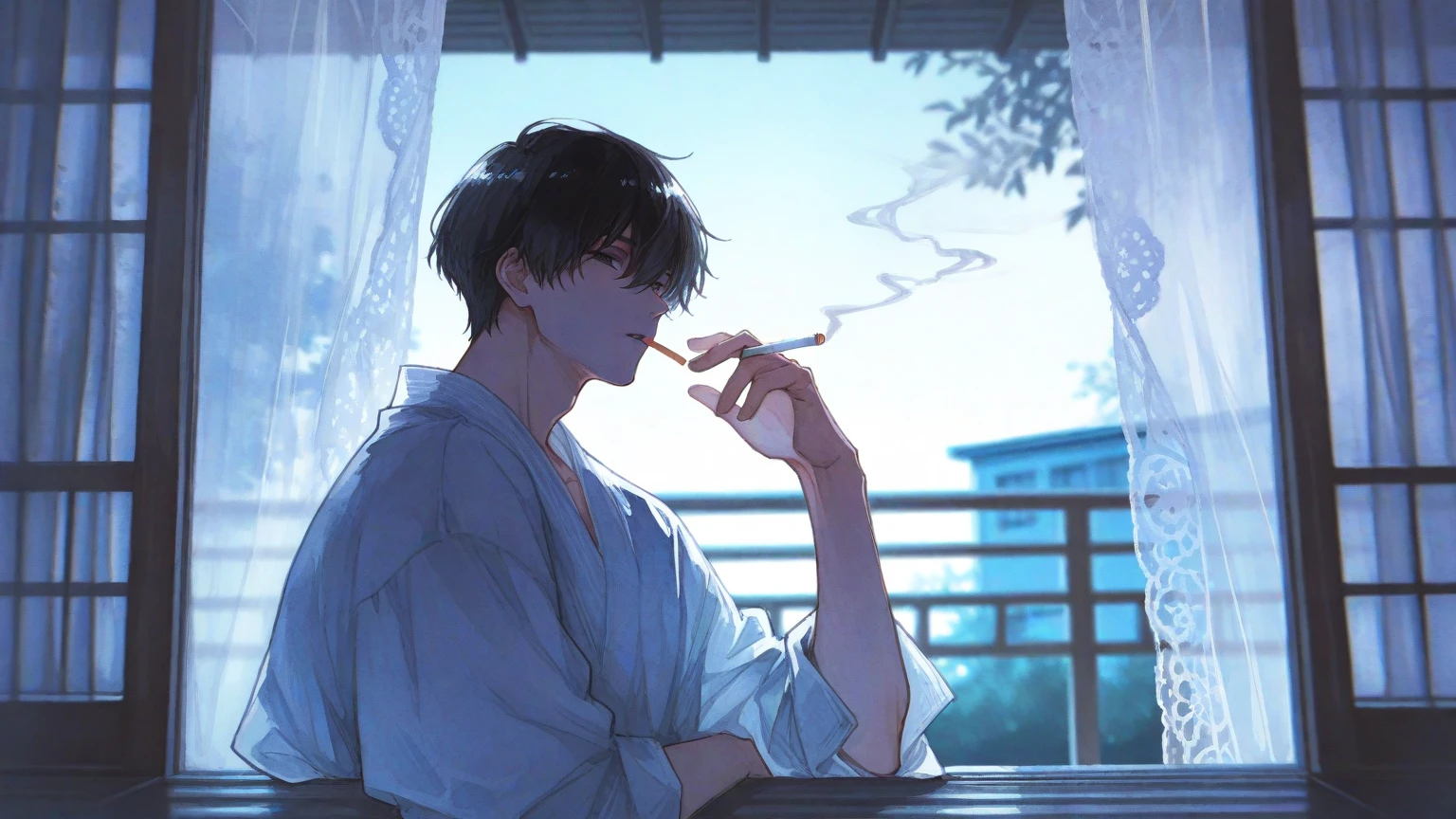 A young man with black hair, blue eyes, a White suit stood with his back turned half-face smoking a cigarette in his room at night.