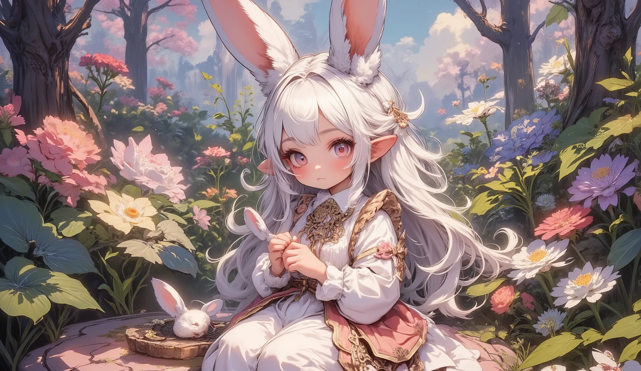 (Highest Quality, Super Detailed:1.5), 8k,(one girl), (Elf Girl with Rabbit Ears:1.5),platinum blonde hair, very long hair, round eyes,(Rabbit Ears Grow:1.5), (Anatomically Accurate Hand:1.5),( RED Beautiful Eyes :1.5), full body, lift your arms back, small breasts,(美しいLianas and flowers々I'm playing with fairies like rabbits:1.5),( beautiful flowers 々of each tree is in full bloom:1.5), (Beautiful Fantastic Forest in the Background:1.5), (is a long-sleeved white and pink ruffle-colored dress:1.5), (Lianas and flowers々I'm sitting in a hammock made of:1.5),(the girl holding a biologically accurate rabbit:1.5),(Anatomically Accurate Hand:1.5),(The girl's full body and ears are on the screen:1.5),