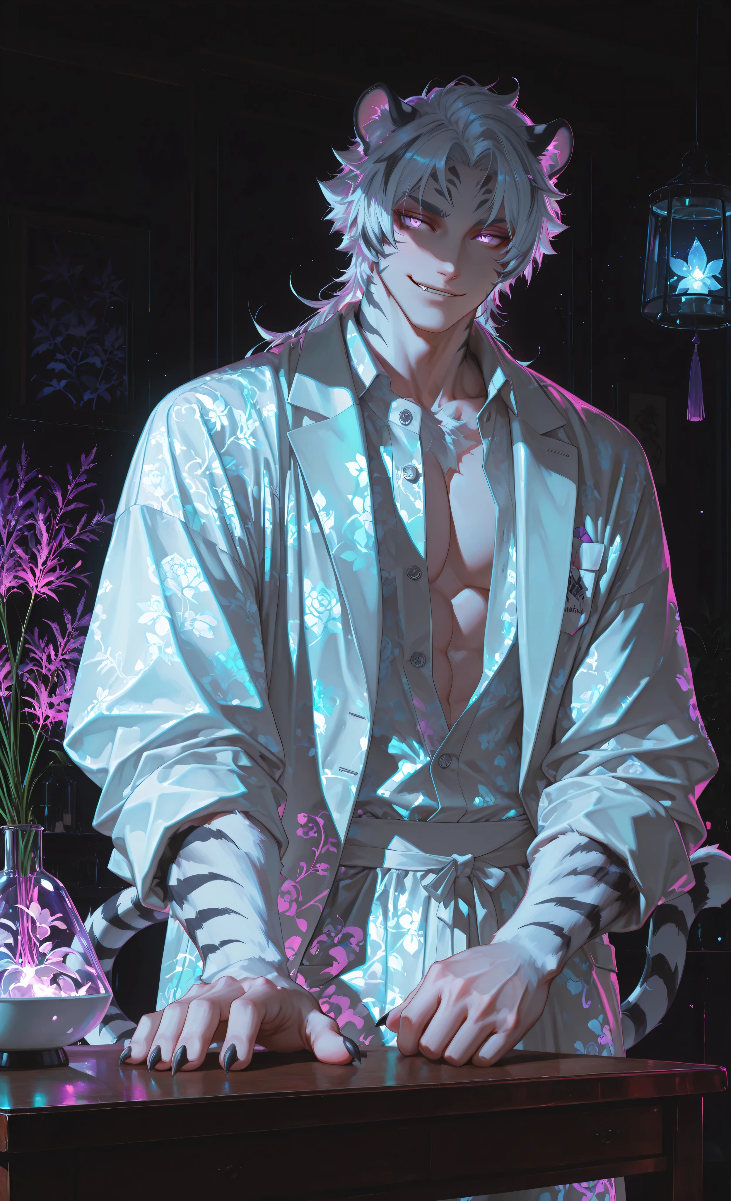 (neon aesthetic, neon colors, glowing, glow effect, vibrant colors, high contrast, fluorescent, luminescence, light effects, chromatic lighting, colorful lighting, bright outlines, neon lineart, dark background, digital art, kemonomimi_mode, animal_ears, no_human_ears, only_animal_ears,moody lighting, dramatic shadows, bloom lighting, colored shadows, masterpiece:1.3, 8k:1.3, Highest quality:1.3, detail:1.3, high resolution:1.3, digital painting, super detail, 1male, A manly face, rough facial features, hip-high frame) 1male, solo, handsome young East Asian man with completely human face, strong masculine features, muscular athletic physique. He has white tiger ears with black stripes on his head. His arms end in detailed furry white tiger paws with black stripes, **sleek paw design without visible pads**, extended sharp claws instead of human hands. Long flowing white hair, piercing lavender eyes. Distinctive black tiger stripes pattern adorn his right arm. Wearing an unbuttoned white massage therapist uniform, revealing part of his torso, professional attire. Dynamic scene: standing confidently beside a modern massage table, one tiger paw raised to demonstrate his claws to a client. Cunning smirk on his face. Massage parlor setting: soft lighting, silk screens, essential oil diffuser. Style of Genshin Impact, anthropomorphic elements, detailed fur texture, animal paws instead of hands, white tiger hybrid, professional masseur, charismatic.