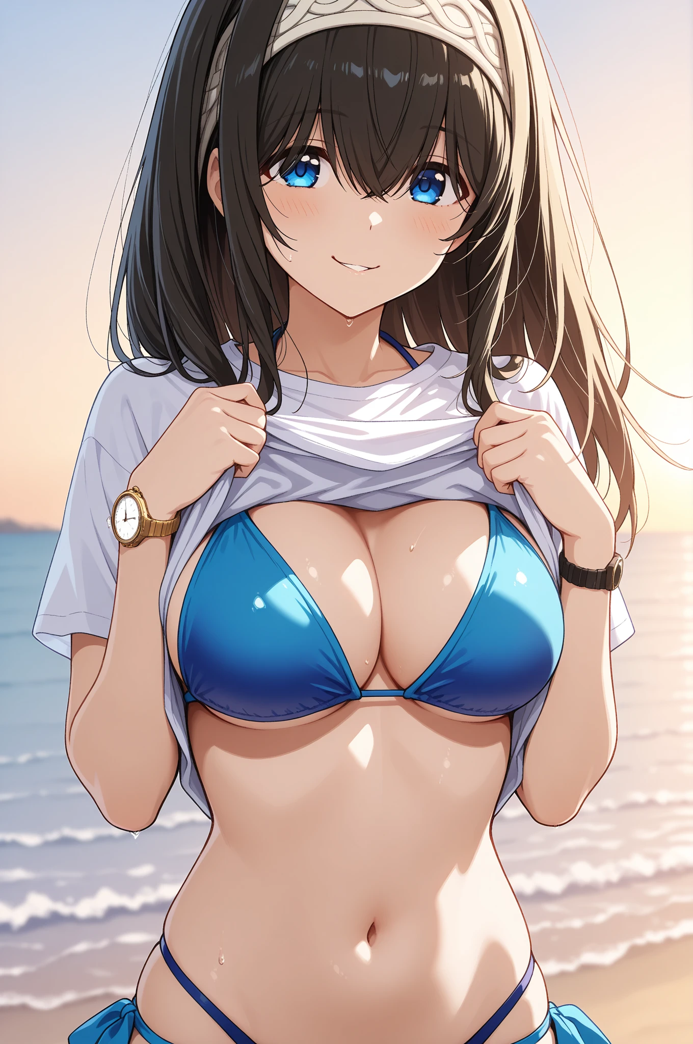 (best quality), (Super detailed), (Best Illustration), (masterpiece), (woman), look at viewer, {(white T-shirt), (shirt lift:1.2), (show off striped :1.2)}, (), {(detailed eyes), blue eyes}, {brown hair, (sideburns), (bob cut:1.3), curly hair, hairs between eyes, colored inner hair}, grin, blush, earring, (wet), (sweat), (beach:1.3)