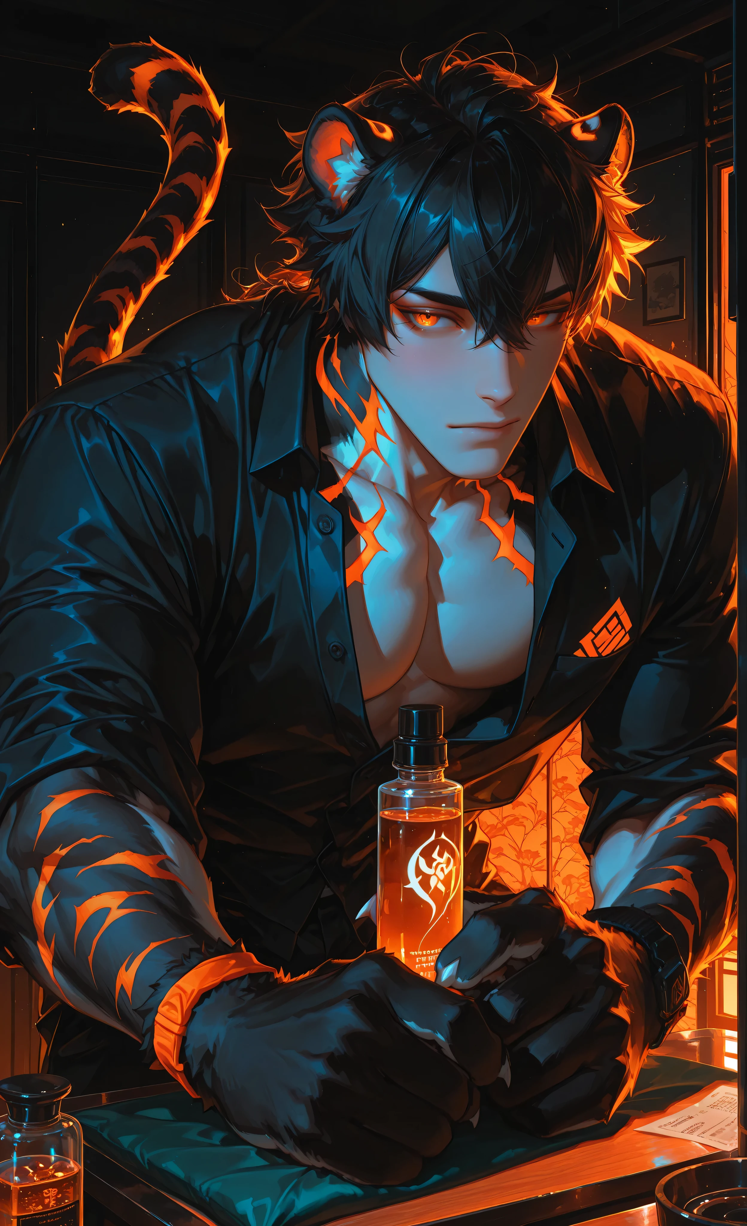 (neon aesthetic, neon colors, glowing, glow effect, vibrant colors, high contrast, fluorescent, luminescence, light effects, chromatic lighting, colorful lighting, bright outlines, neon lineart, dark background, digital art, kemonomimi_mode, animal_ears, no_human_ears, only_animal_ears,moody lighting, dramatic shadows, bloom lighting, colored shadows, masterpiece:1.3, 8k:1.3, Highest quality:1.3, detail:1.3, high resolution:1.3, digital painting, super detail, 1male, A manly face, rough facial features, hip-high frame) 1male, solo, muscular anthropomorphic tiger-man with completely human face, handsome blend of Asian and Caucasian features, strong jawline, athletic physique. Short tousled black hair with tiger ears on head. His arms end in detailed furry tiger paws with black stripes, **sleek paw design without visible pads**, sharp claws instead of human hands. Amber eyes, focused professional expression.**Dynamic massage action: He stands next to the massage table, gesturing for a massage** Partially unbuttoned dark green massage uniform over defined chest. Wristband on arm. Distinctive black tiger stripes adorn neck and upper arms. Professional massage room: modern massage table, essential oil bottles, soft lighting, silk dividers. Warm orange lighting casting dramatic shadows, accentuating physique and motion. Style of Genshin Impact, anthropomorphic elements, detailed black fur texture, animal paws instead of hands, professional masseur, dynamic pose, motion blur.
