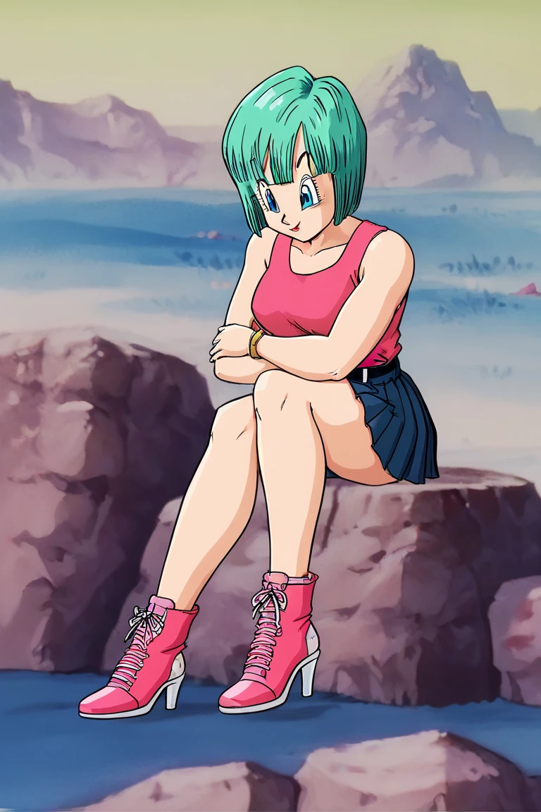 source_anime, masterpiece, best quality, amazing quality, anime screencap, high quality, 8k, absurdres, official style, <lora:Bulma_Briefs_Daima_iL:1>, bulm4 b513fs daima, short hair, blue eyes, blue hair, dress outfit, dress, jewelry, pantyhose, boots, necklace, turtleneck, sitting, on rock, legs crossed, face leaning on hand, looking at viewer, annoyed