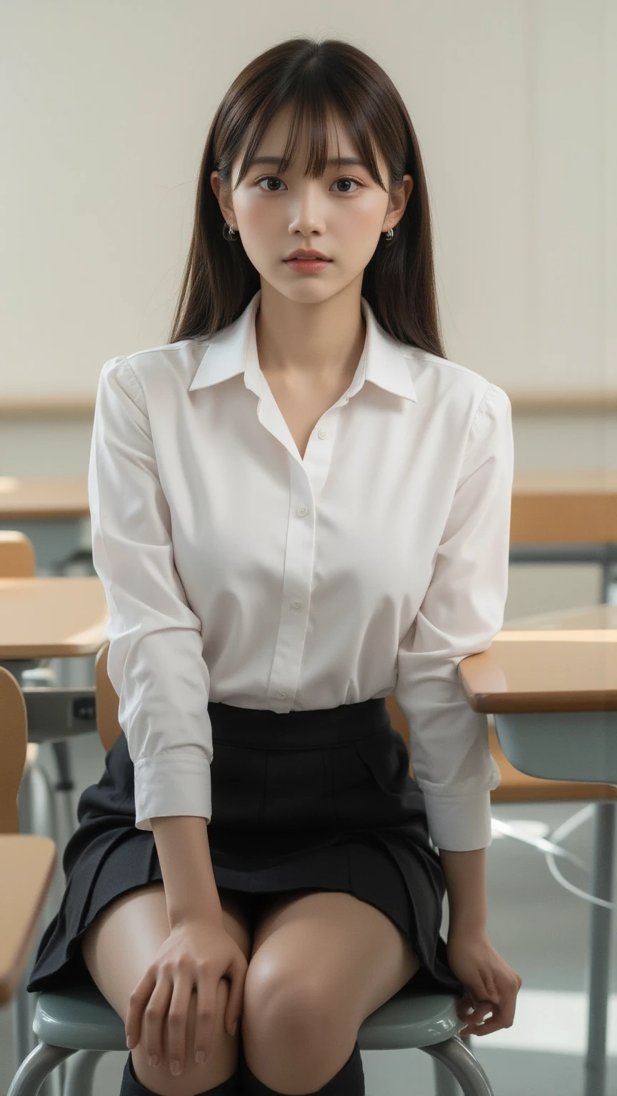 ((Tabletop, Highest quality, High resolution, Hmph, Pixel perfect, 4K, Hmph, Hmph))), One Girl, single, alone, Beauty、The whole body is visible、 ((Short Wavy Hair, bangs, Brown Hair)), ((Brown eyes, Beautiful eyelashes, Realistic eyes)), ((Detailed face, Blushing:1.2)), ((Smooth texture:0.75, Realistic texture:0.65, Realistic:1.1, Anime CG Style)), Medium , Dynamic Angle, Perfect body, ((Unbuttoned shirt、I'm not wearing shoes、White Sox)), An empty classroom、Sit at a desk、Lower'I took my feet off the desk.............................................................、evening、、、Very embarrassing panic smile、(Spread your legs、Knees wide open、Floral lace panties)、、(Pink lace bra)、Angle from below