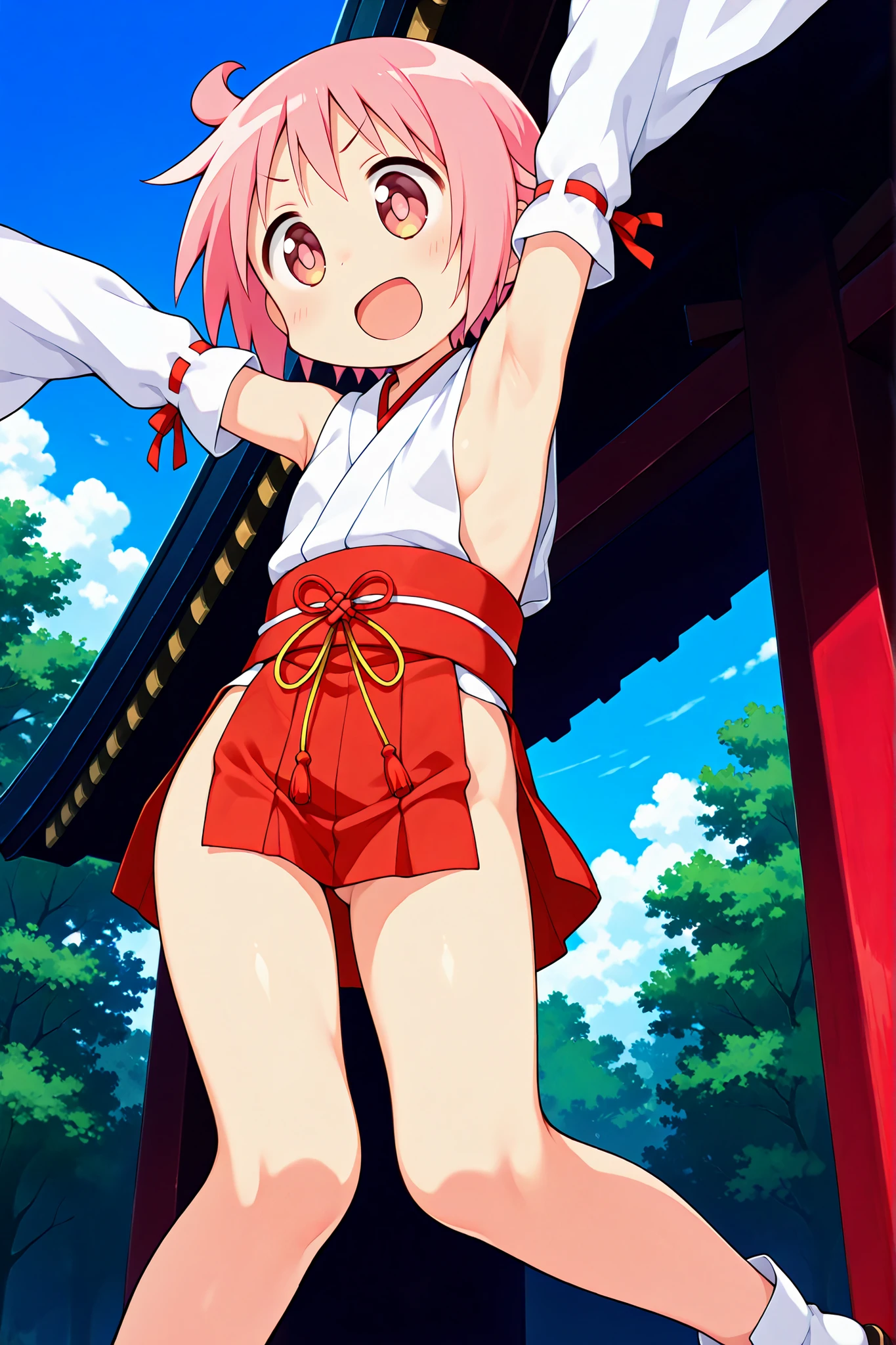 (nsfw),nonohara yuzuko, pink hair, short hair,(ahoge), pink eyes,bangs,((anime style)),score_9, score_8_up, score_7_up, source_anime,solo,1girl, ((miko)), tabi,black okobo, ((((mini slit red skirt)))),((Obi)) ,((Obi knot)), (flat chest) , ((side boob)) , (No panties) , ((exposed shoulders)) ,((detached white sleeves)),(ribbon-trimmed sleeves),happy,((Shrine grounds)),((blue sky)),
,v-shaped eyebrows,cute pose,presenting armpit,outstretched arm,((contrapposto)),((knees together feet apart)),((low angle)),
,(((glimpse of her thighs))),cute,detailed face , front shot,((> <)),