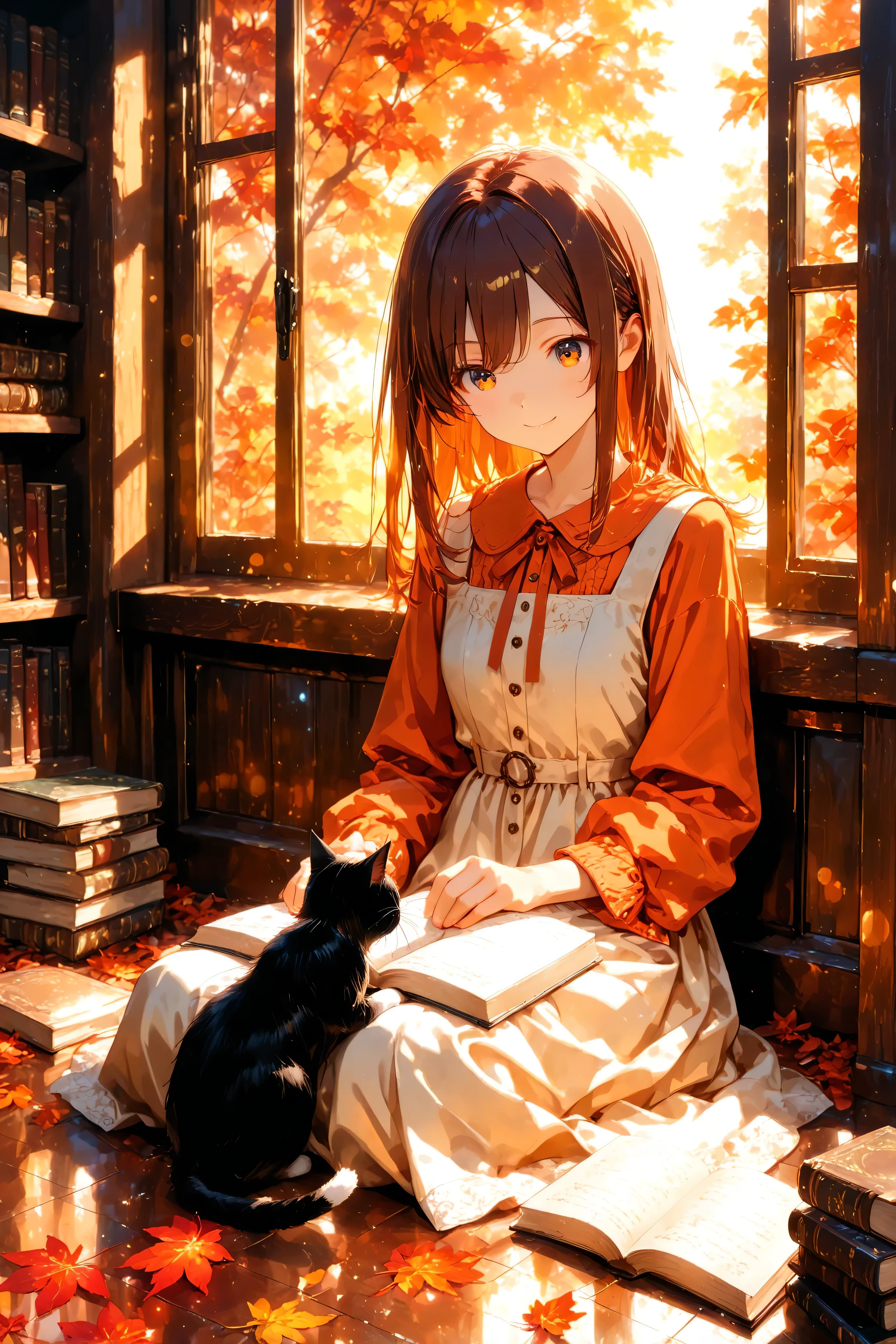 (masterpiece:1.4, best quality:1.3, highest quality:1.2, ultra-detailed, high precision, perfect details, highres, 8k, beautiful, cinematic lighting, anime style),
1girl, knee-up, eye-level angle, gentle warm smile, serene gaze at a small cat curled asleep on her lap, amber-brown eyes glowing softly in autumn light,
long chestnut hair softly illuminated by afternoon sunlight,
stacks of books piled beside her, one book half-open on the floor near hand,
outfit: opaque matte autumn dress, earthy brown and muted orange tones, plain design, modest neckline, no transparency, no accessories,
background: quiet library interior, tall shelves of books, wooden window frame open to garden with autumn foliage, drifting red-orange leaves visible beyond glass,
lighting: golden autumn afternoon sunlight filtering through window, casting soft amber glow and gentle light patterns across books and floor, contrasted with cool indigo shadows indoors, subtle rim on hair and shoulders, delicate golden flare across frame,
color tone: warm amber + muted orange-red balanced with indigo twilight, calm autumn harmony,
cinematic anime composition, shallow depth of field, face and cat in focus, soft warm lighting, high detail, safe for work