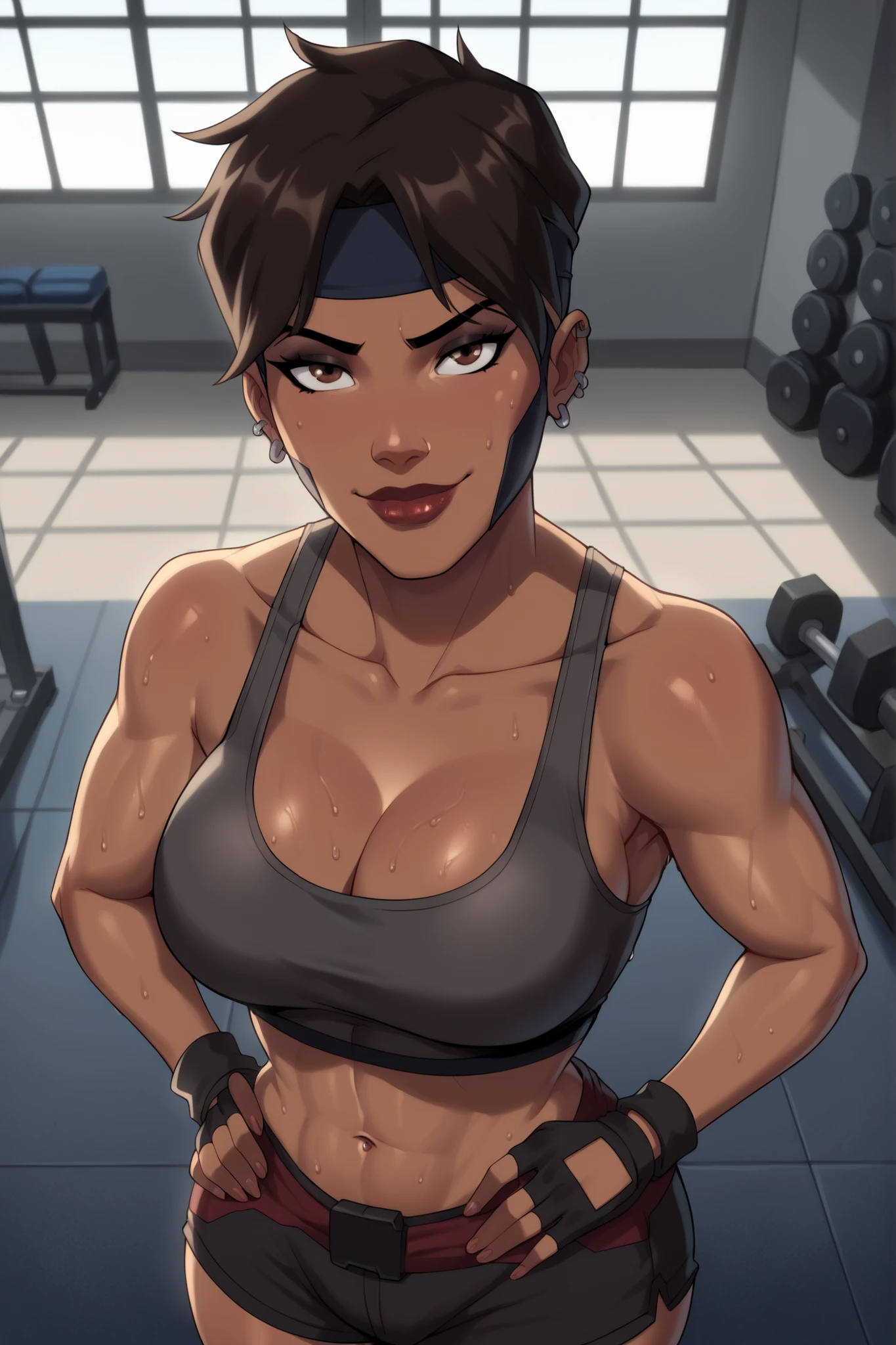 BREAK, score_6_up, score_9, score_8_up, score_7_up, high quality, masterpiece, Rocket, 1girl, solo, 2d, dark-skinned female, short hair, brown eyes, headband, piercing, earring, mask, lipstick, makeup, , cleavage, curvy, athletic, looking at viewer, seducing viewer, teasing viewer, smile, closed mouth, expression, bedroom eyes, busty, dark gray sports bra, dark gray gym shorts, dark gray fingerless gloves, shoulders, standing, gym, indoors, high-angle view, black eyeshadow, closeup, portrait, upper body, thick thighs, wide , hands on waist, sweaty, sweat drops