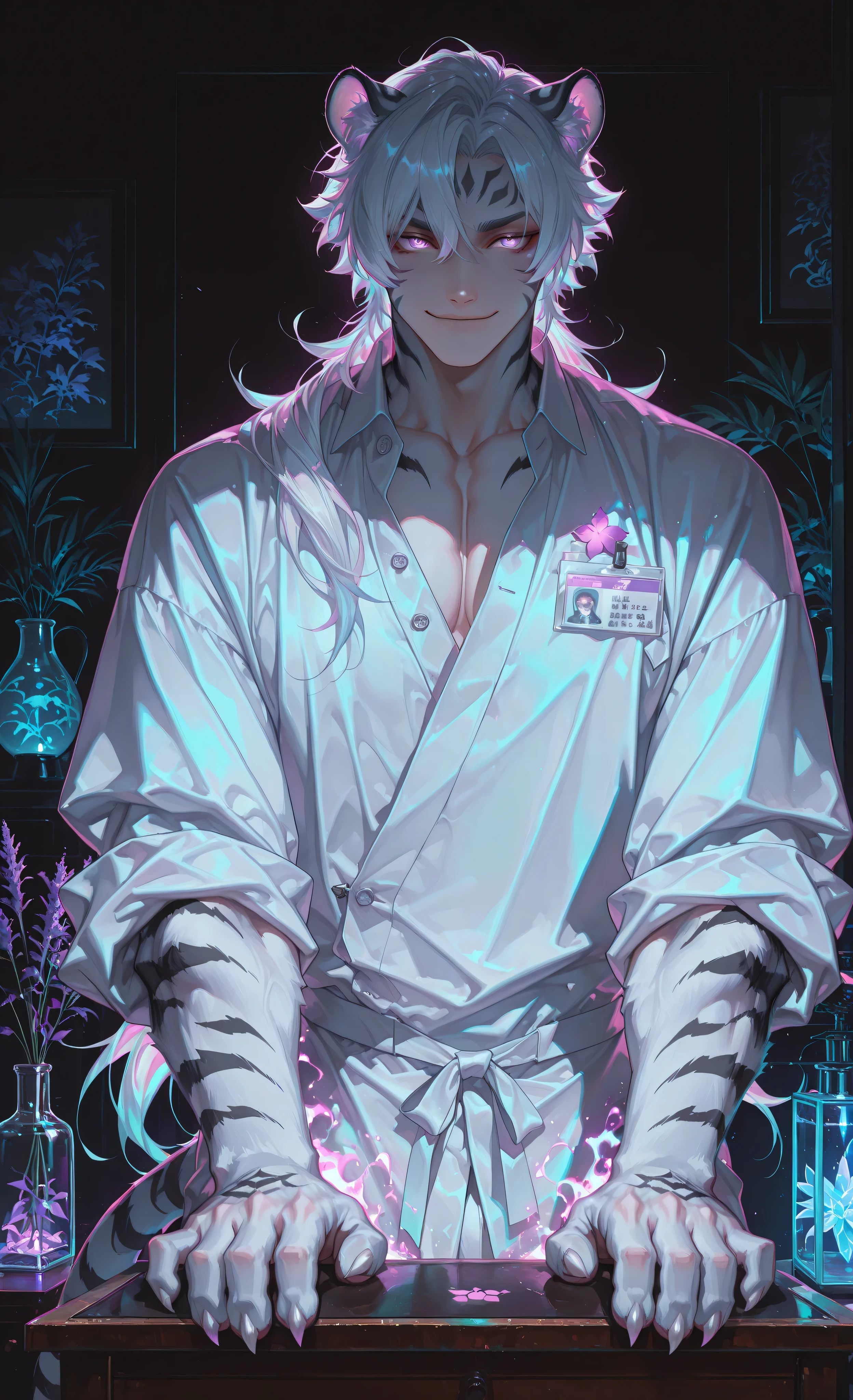 (neon aesthetic, neon colors, glowing, glow effect, vibrant colors, high contrast, fluorescent, luminescence, light effects, chromatic lighting, colorful lighting, bright outlines, neon lineart, dark background, digital art, kemonomimi_mode, animal_ears, no_human_ears, only_animal_ears,moody lighting, dramatic shadows, bloom lighting, colored shadows, masterpiece:1.3, 8k:1.3, Highest quality:1.3, detail:1.3, high resolution:1.3, digital painting, super detail, 1male, A manly face, rough facial features, hip-high frame) 1male, solo, handsome young East Asian man with completely human face, strong masculine features, muscular athletic physique. He has white tiger ears with black stripes on his head. His arms end in detailed furry white tiger paws with black stripes, **sleek paw design without visible pads**, extended sharp claws instead of human hands. Long flowing white hair, piercing lavender eyes. Distinctive black tiger stripes pattern adorn his right arm. Wearing an unbuttoned white massage therapist uniform, revealing part of his torso, professional attire. Dynamic scene: standing confidently beside a modern massage table, one tiger paw raised to demonstrate his claws to a client. Cunning smirk on his face. Massage parlor setting: soft lighting, silk screens, essential oil diffuser. Style of Genshin Impact, anthropomorphic elements, detailed fur texture, animal paws instead of hands, white tiger hybrid, professional masseur, charismatic.