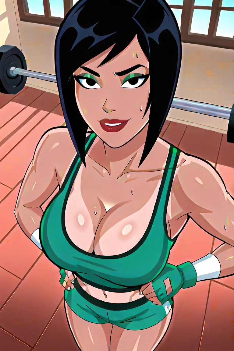 ultra-realistic 8k CG, masterpiece, ((ultra detailed background, fine drawing, intricate details, high detail, better quality fine details, hyper-detailed face)), (photorealistic: 1.4), beautiful lighting, absurdity, RAW photo, film grain, azula, 1girl, solo, black hair, brown eyes, makeup, lipstick, red lips, single hair bun, navel, side strands, hair decoration, ((, slim girl)), ((décolleté,  white shirt, short shorts, black shorts)), ((complex detailed background, inside, dim lighting, moody lighting, inside the castle, inside, medieval castle environment))