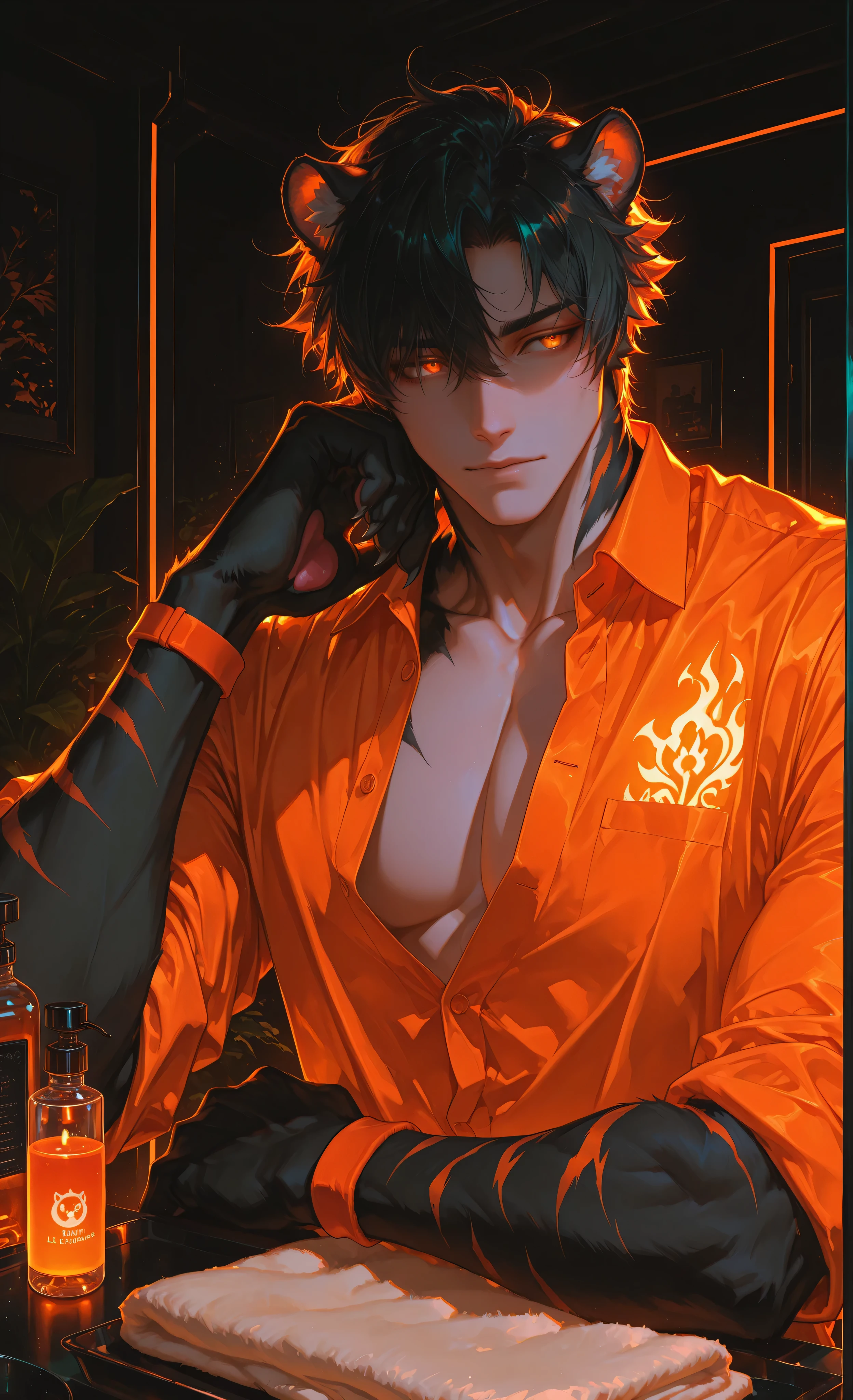 (neon aesthetic, neon colors, glowing, glow effect, vibrant colors, high contrast, fluorescent, luminescence, light effects, chromatic lighting, colorful lighting, bright outlines, neon lineart, dark background, digital art, kemonomimi_mode, animal_ears, no_human_ears, only_animal_ears,moody lighting, dramatic shadows, bloom lighting, colored shadows, masterpiece:1.3, 8k:1.3, Highest quality:1.3, detail:1.3, high resolution:1.3, digital painting, super detail, 1male, A manly face, rough facial features, hip-high frame) 1male, solo, muscular anthropomorphic tiger-man with completely human face, handsome blend of Asian and Caucasian features, strong jawline, athletic physique. Short tousled black hair with tiger ears on head. His arms end in detailed furry tiger paws with black stripes, sleek paw design without visible pads, sharp claws instead of human hands. Amber eyes, focused professional expression. **Standing beside a professional massage table with face cradle, white sheets, and adjustable headrest,** gesturing invitingly toward the table. Partially unbuttoned dark green massage uniform over defined chest. Wristband on arm. Distinctive black tiger stripes adorn neck and upper arms. Professional massage room: essential oil bottles, soft lighting, silk dividers, towels. Warm orange lighting casting dramatic shadows, accentuating physique. Style of Genshin Impact, anthropomorphic elements, detailed black fur texture, animal paws instead of hands, professional masseur, confident pose.