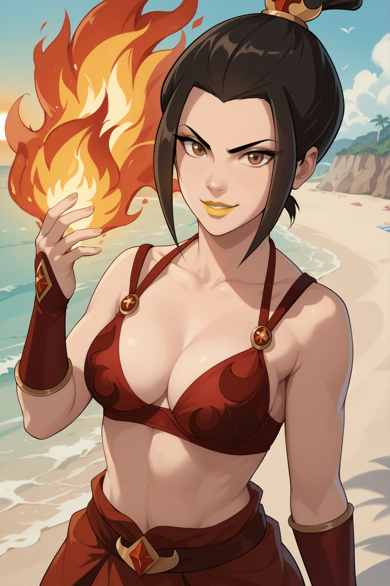 woman, breasts, yellow lipstick, anime style, white skin, brown eyes, white skin, black hair, red bra, beach, sun, fire, fire power, Azula, fire, sensual smile, yellow lipstick, sexy