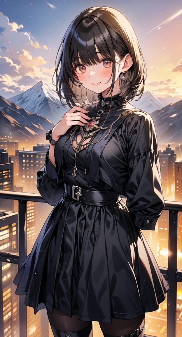 (masterpiece, highest quality, highest quality, (No text), Beautiful and aesthetic:1.2),No text,アニメ、 BREAK,One Girl，Short black hair　Beautiful eyes　Red eyes　Beautiful girl　cool　smile　Black Coat　　whole body　Night view　Beautifully detailed face and eyes、Detailed eyes and face、Intricate details, Ergonomically correct depiction of five fingers, 繊細なsmile
