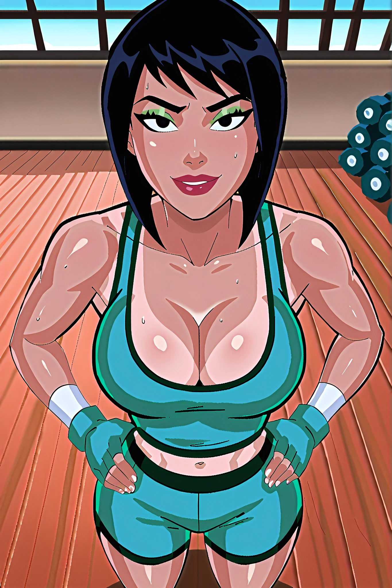 solo, 1girl, looking at viewer, seducing viewer, teasing viewer, bob cut, black hair, black eyes, tan skin, large breasts, cleavage, BREAK, score_8_up, score_7_up, score_9, score_6_up, high quality, best quality, face focus, lipstick, makeup, seductive expression, bedroom eyes, smiling, closed mouth, busty, green sports bra, green gym shorts, white fingerless gloves, indoors, standing, gym, high-angle view, green eyeshadow, closeup, portrait, upper body, hands on waist, sweaty, sweat drops