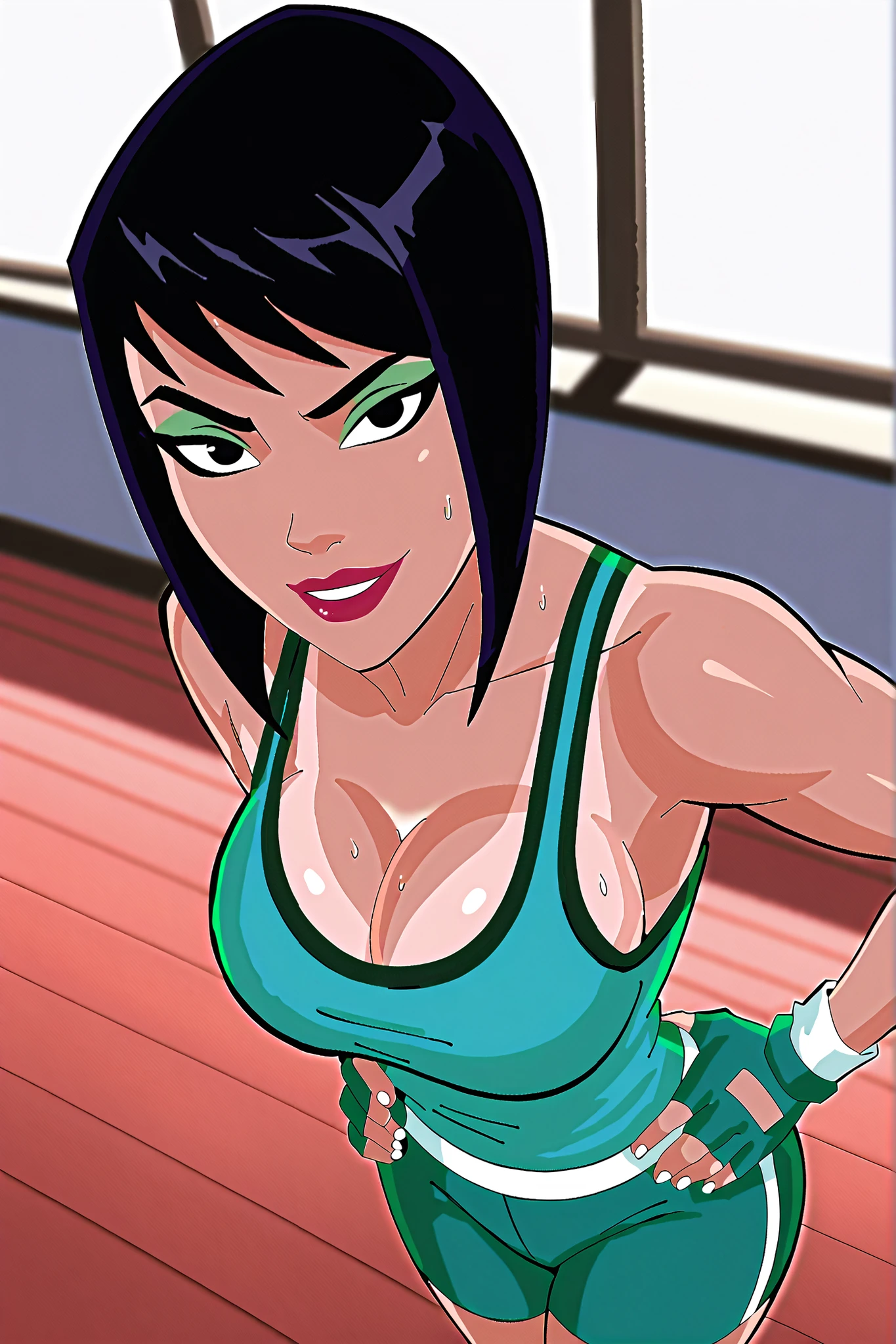 solo, 1girl, looking at viewer, seducing viewer, teasing viewer, bob cut, black hair, black eyes, tan skin, large breasts, cleavage, BREAK, score_8_up, score_7_up, score_9, score_6_up, high quality, best quality, face focus, lipstick, makeup, seductive expression, bedroom eyes, smiling, closed mouth, busty, green sports bra, green gym shorts, white fingerless gloves, indoors, standing, gym, high-angle view, green eyeshadow, closeup, portrait, upper body, hands on waist, sweaty, sweat drops 