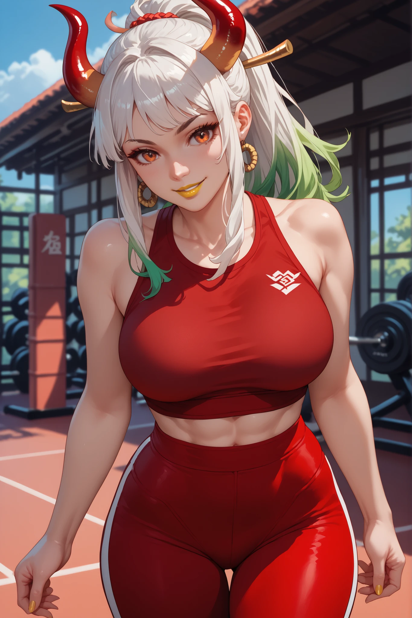woman, big breasts, anime style, yellow lipstick, white hair, orange eyes, white skin, green highlights in hair, strong, red top, tight red pants, gym clothes, strong, red horns, ponytail, Yamato, sensual smile, sexy