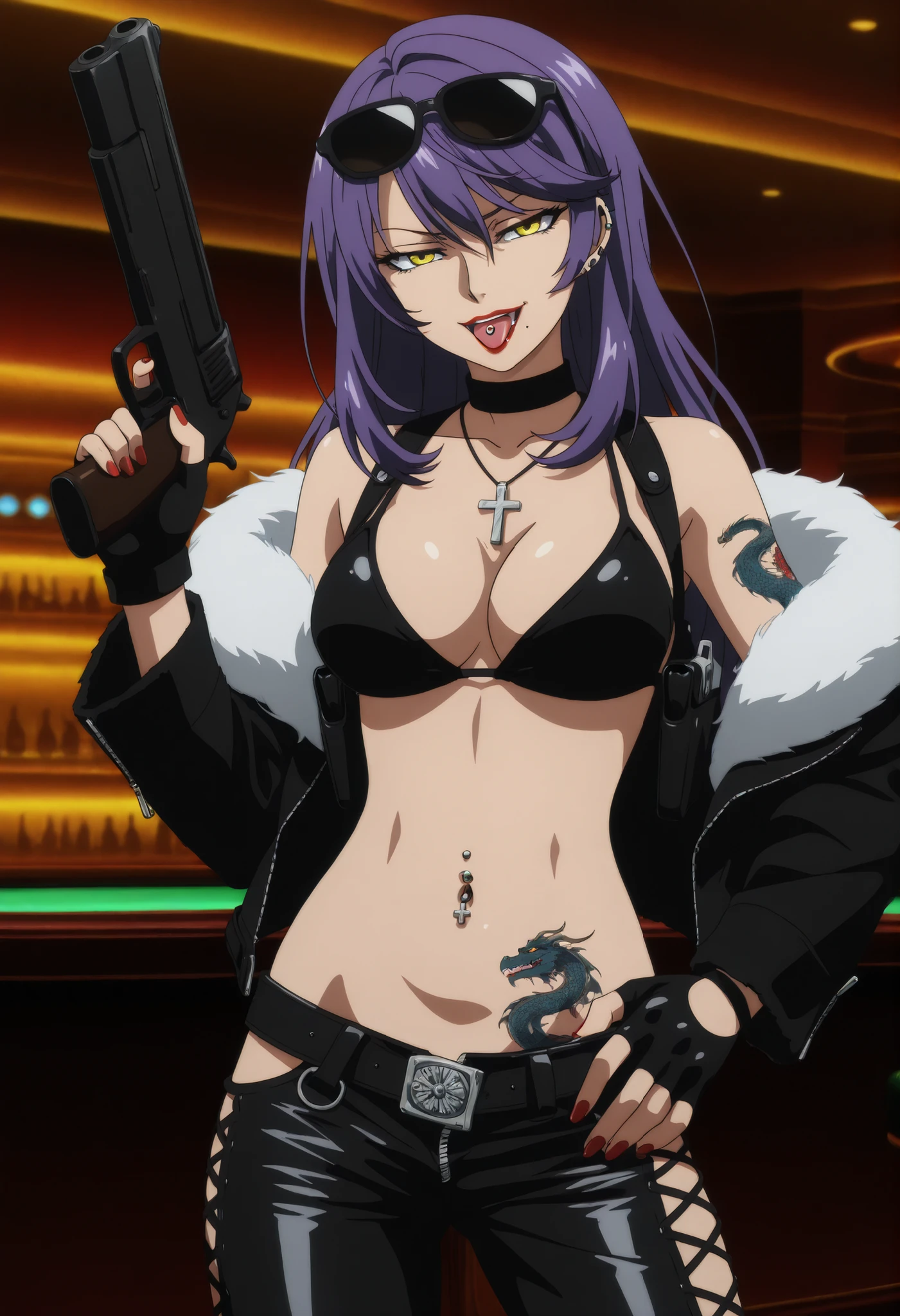 trine_halden, long purple hair, yellow eyes, red lips, medium breasts, , chin mole, , nail polish ,ear piercing, long hair, , lipstick,Hot girl, baddie, smoking,, bad attitude, mean girl, sensual, attractive, ,cross necklace, ,choker,bar background, inside bar ,indoors, , casino, , fur jacket , bare shoulders , white fur , , , leather pants , dark brown , fur , side inserts , belt , weapon holder , weapon , fingerless gloves , leather , forearms , sword , short , strapped , belt , cowboy shot , masterpiece , best quality , highly detailed , a girls with a gun , evil smile , open mouth , sexy gaze , badass pose , evil smile , smile , (nsfw) not safe for work , guns blazing , anime girl with long hair , beautiful long haired girl , navel , evil expression , exposed belly , exposed navel , exposed midriff , exposed lower belly , long black pants , cleavage , unbuttoned leather pants , open fly , low rise black leather pants , leather jacket , holding a gun , holding pistol , unbuttoned shirt , collared shirt , knot , pull_down leather pants , (show off panties , :1 . 2 , no panties) , pull_down long black pants , pull_down black leather pants , zip up leather jacket , bikini top , navel piercing , cross-laced slit , tongue piercing , tongue out , open mouth , clitoris piercing ,, , shoulder holster,, sunglasses on head, medium large Breasts, dragon tattoo on waist, narrowed eyes, tattoo on waist,, anipai_style , anime screencap , anime coloring,,