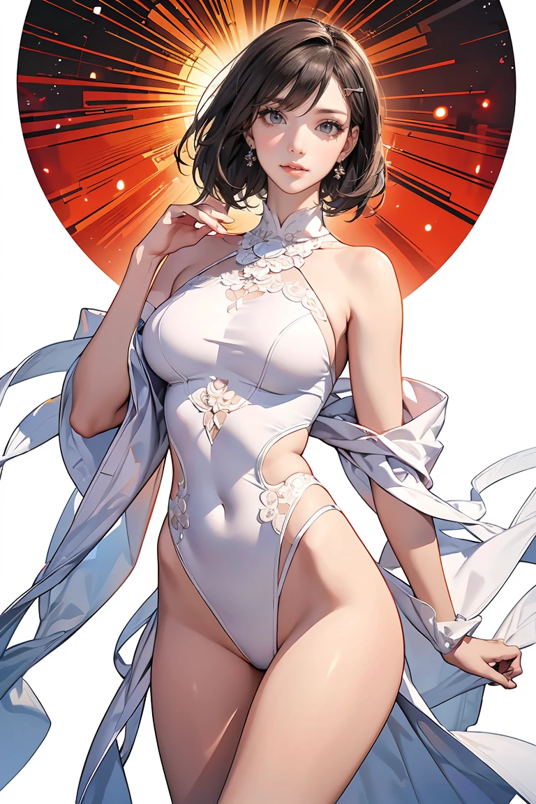 short black hair，Wear a bikini，Full body，barefoot，standing。pure white background