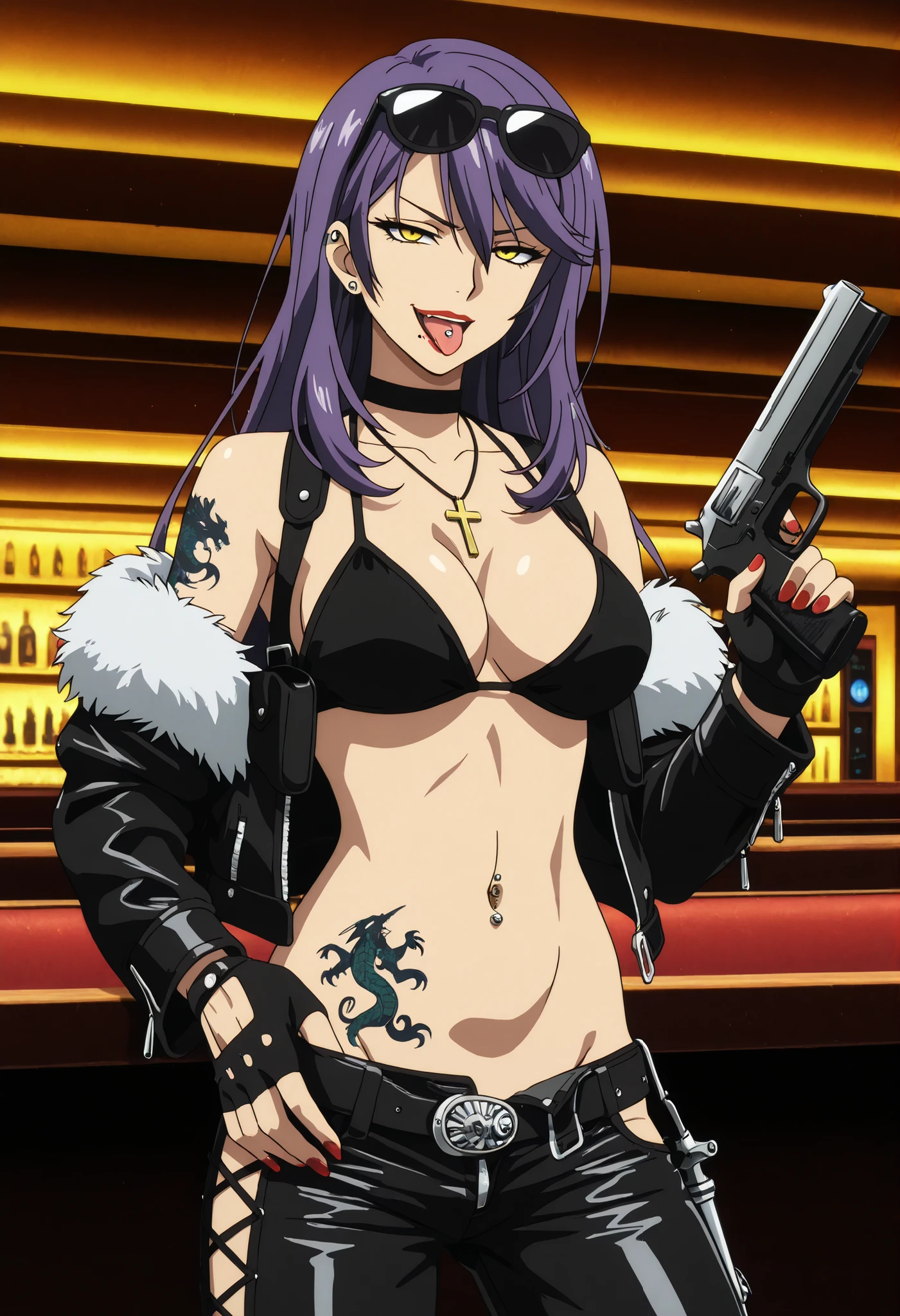 trine_halden, long purple hair, yellow eyes, red lips, medium breasts, , chin mole, , nail polish ,ear piercing, long hair, , lipstick,Hot girl, baddie, smoking,, bad attitude, mean girl, sensual, attractive, ,cross necklace, ,choker,bar background, inside bar ,indoors, , casino, , fur jacket , bare shoulders , white fur , , , leather pants , dark brown , fur , side inserts , belt , weapon holder , weapon , fingerless gloves , leather , forearms , sword , short , strapped , belt , cowboy shot , masterpiece , best quality , highly detailed , a girls with a gun , evil smile , open mouth , sexy gaze , badass pose , evil smile , smile , (nsfw) not safe for work , guns blazing , anime girl with long hair , beautiful long haired girl , navel , evil expression , exposed belly , exposed navel , exposed midriff , exposed lower belly , long black pants , cleavage , unbuttoned leather pants , open fly , low rise black leather pants , leather jacket , holding a gun , holding pistol , unbuttoned shirt , collared shirt , knot , pull_down leather pants , (show off panties , :1 . 2 , no panties) , pull_down long black pants , pull_down black leather pants , zip up leather jacket , bikini top , navel piercing , cross-laced slit , tongue piercing , tongue out , open mouth , clitoris piercing ,, , shoulder holster,, sunglasses on head, medium large Breasts, dragon tattoo on waist, narrowed eyes, tattoo on waist,, anipai_style , anime screencap , anime coloring,,