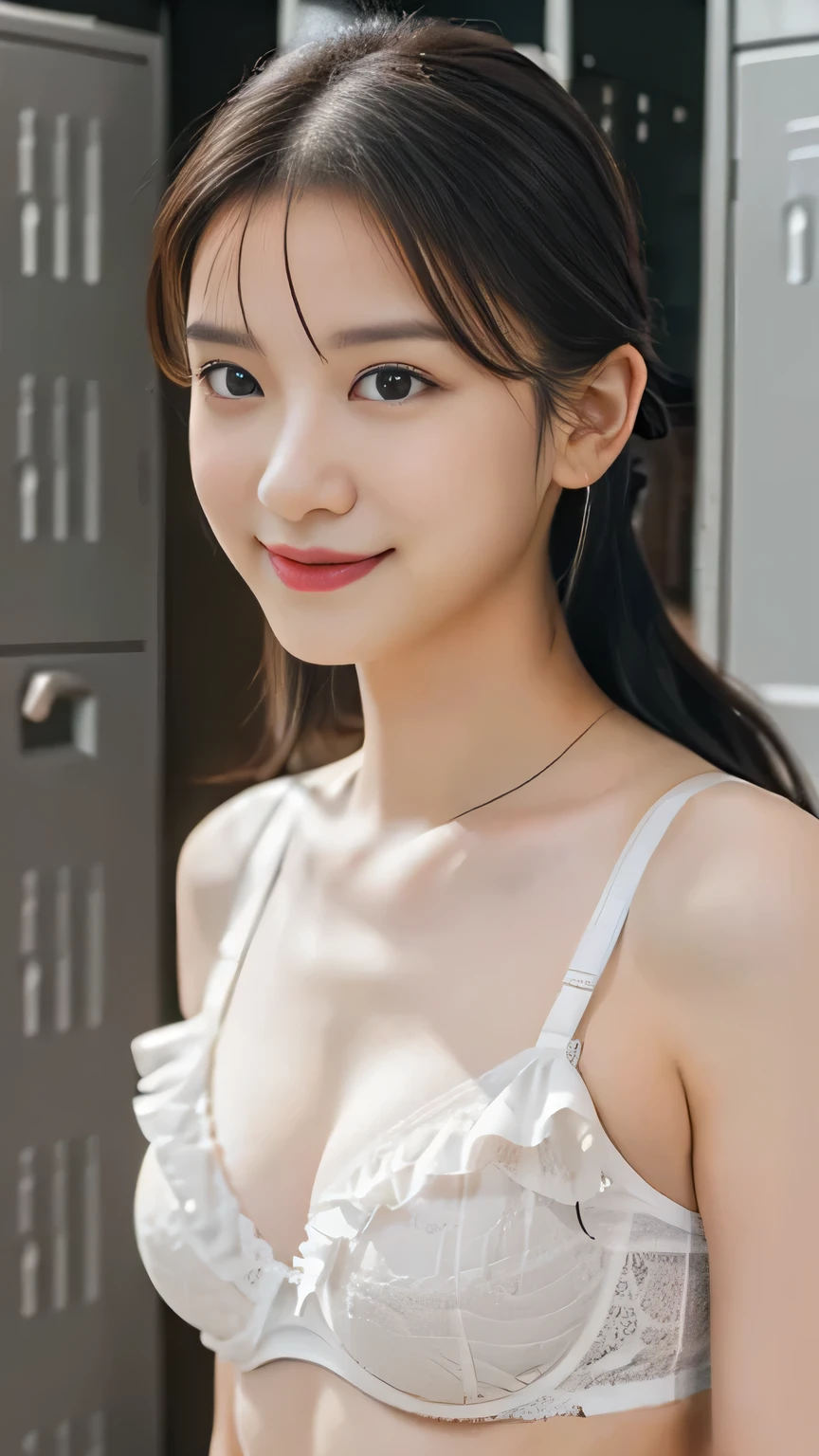 an unrivaled masterpiece, Highest Quality,perfect face、high image quality, (Duo、 Little、Girl、beautiful sisters, delicate:1.3), ( :1.3), Amazing clarity , ({{X}}:1.3), (child、baby-like face、beautiful girl、gentle expression ), ( Wear a white bra with ruffles、random pattern underwear:1.3), brown eyes, bang ,twin tails, ,braids( indoor、Locker Room, wait.、eye and face details:1.4) actual images 、 gentle and attractive smile、Super Big Breasts、full body image in underwear、from head to thigh、