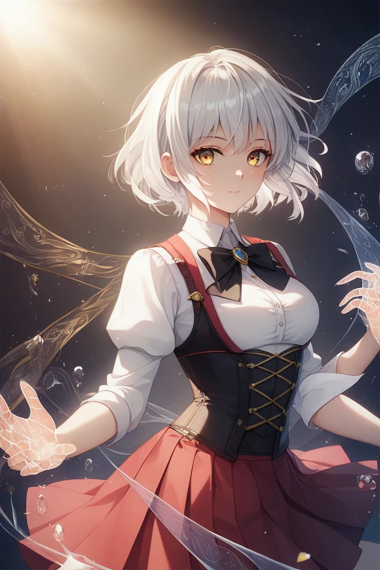 Cute girl, short white hair, bright eyes, white clothes embroidered with light lines, , short pants, Master, Nanokings, one