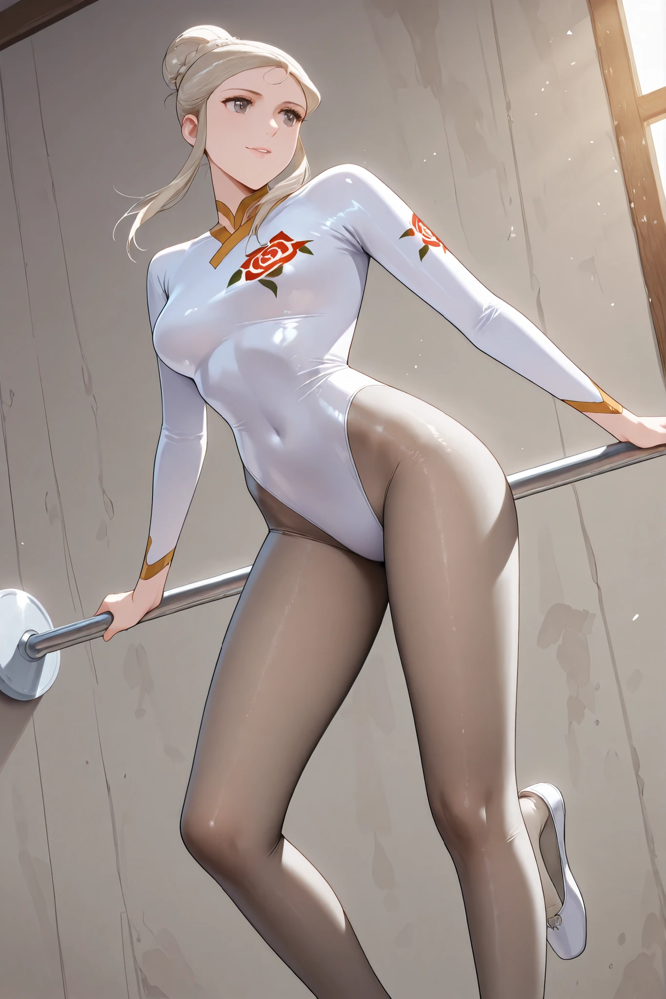 masterpiece, highest quality, absurdres, best quality, amazing quality, very aesthetic, vibrant colors, cinematic lighting, newest, 8K, wallpaper, highly detailed, ultra detailed hair texture, ultra detailed skin texture,
BREAK
realism, realistic, photo-realistic, RAW Photo, nsfw, 1 girl, solo, 22 yo, Gymnast, well-defined face, yandere, Platinum Blonde Hair, bun hairstyle, gray eyes, (puffy eyes), thin lips, medium breasts, beautiful legs, moist skin,
BREAK
dynamic angle, acrobatic action, competing on the balance beam, white leotard, sheer leotard, oily shine hosiery, ((beige pantyhose)), sheer pantyhose, Gymnastics shoes, Gymnastics slippers, detailed background,
BREAK
score_9, score_8_up, score_7_up, source_real, source_anime, rating_explicit, best Quality, Hyper-detailed, sheer pantyhose, tina_xd_3d, detailxl,