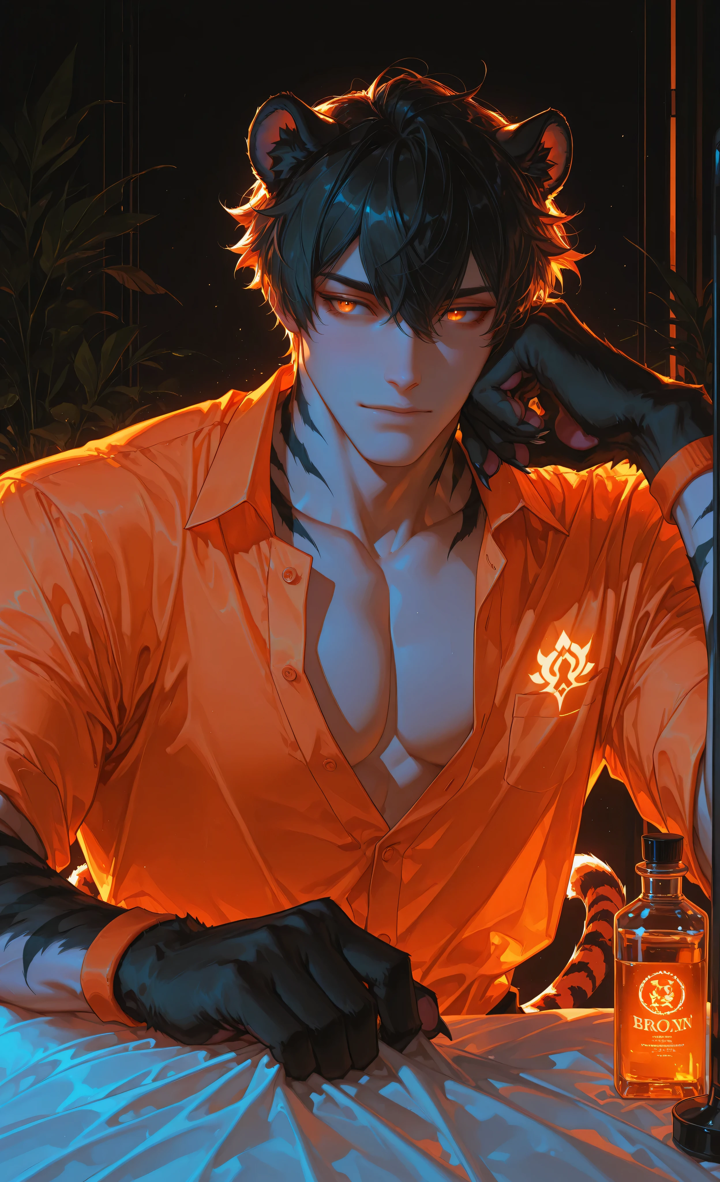 (neon aesthetic, neon colors, glowing, glow effect, vibrant colors, high contrast, fluorescent, luminescence, light effects, chromatic lighting, colorful lighting, bright outlines, neon lineart, dark background, digital art, kemonomimi_mode, animal_ears, no_human_ears, only_animal_ears,moody lighting, dramatic shadows, bloom lighting, colored shadows, masterpiece:1.3, 8k:1.3, Highest quality:1.3, detail:1.3, high resolution:1.3, digital painting, super detail, 1male, A manly face, rough facial features, hip-high frame) 1male, solo, muscular anthropomorphic tiger-man with completely human face, handsome blend of Asian and Caucasian features, strong jawline, athletic physique. Short tousled black hair with tiger ears on head. His arms end in detailed furry tiger paws with black stripes, sleek paw design without visible pads, sharp claws instead of human hands. Amber eyes, focused professional expression. **Standing beside a professional massage table with face cradle, white sheets, and adjustable headrest,** gesturing invitingly toward the table. Partially unbuttoned dark green massage uniform over defined chest. Wristband on arm. Distinctive black tiger stripes adorn neck and upper arms. Professional massage room: essential oil bottles, soft lighting, silk dividers, towels. Warm orange lighting casting dramatic shadows, accentuating physique. Style of Genshin Impact, anthropomorphic elements, detailed black fur texture, animal paws instead of hands, professional masseur, confident pose.