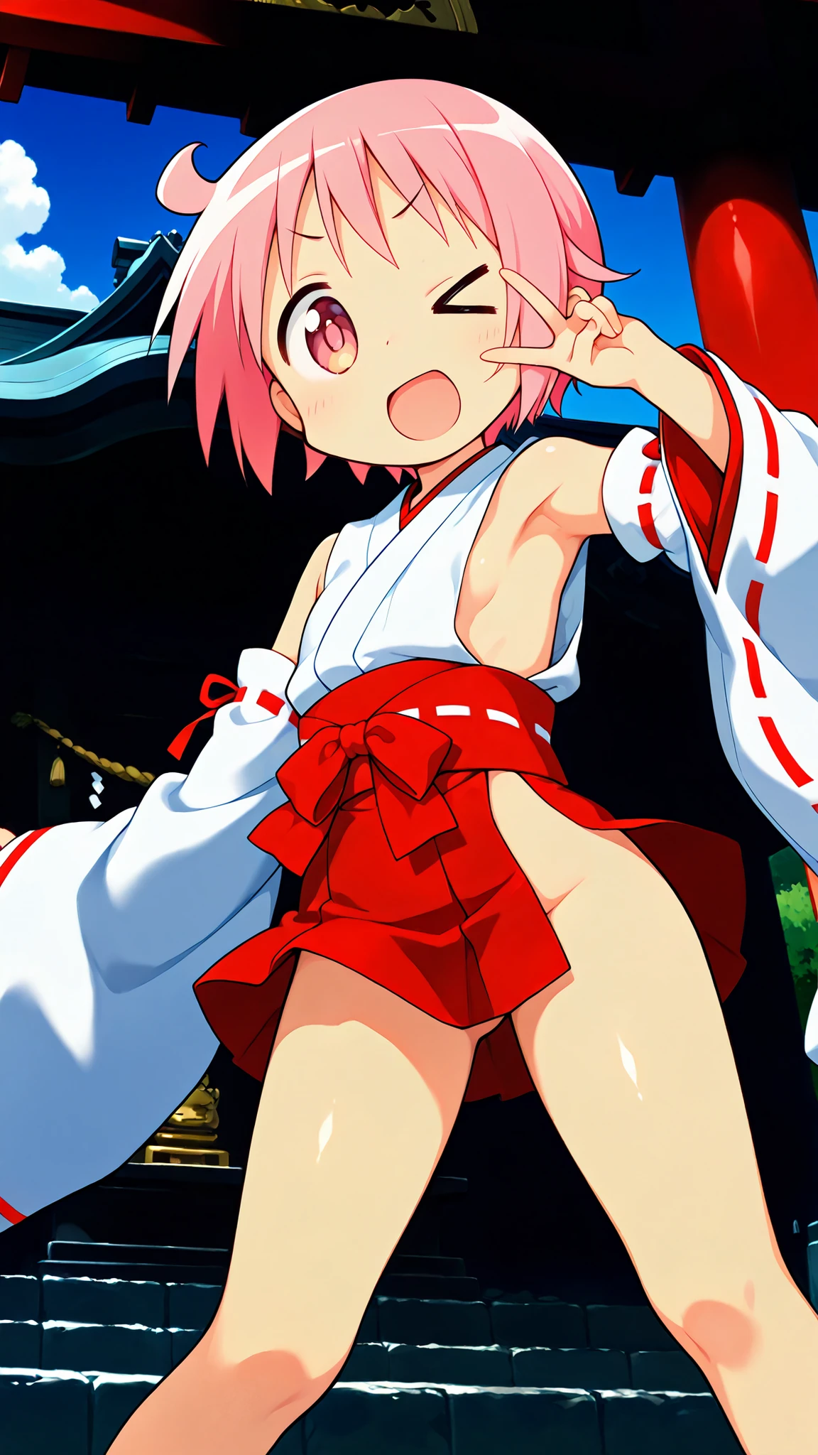 (nsfw),nonohara yuzuko, pink hair, short hair,(ahoge), pink eyes,bangs,((anime style)),score_9, score_8_up, score_7_up, source_anime,solo,1girl, ((miko)), ((((mini slit red skirt)))),((Obi)) ,((Obi knot)), (flat chest) , ((side boob)) , (No panties) , ((exposed shoulders)) ,((detached white sleeves)),(ribbon-trimmed sleeves),happy,((Shrine grounds)),((blue sky)),v over eye,
,v-shaped eyebrows,cute pose,presenting armpit,((contrapposto)),((knees together feet apart)),((low angle)),
,(((glimpse of her thighs))),cute,detailed face , front shot,((> <)),((wink)),