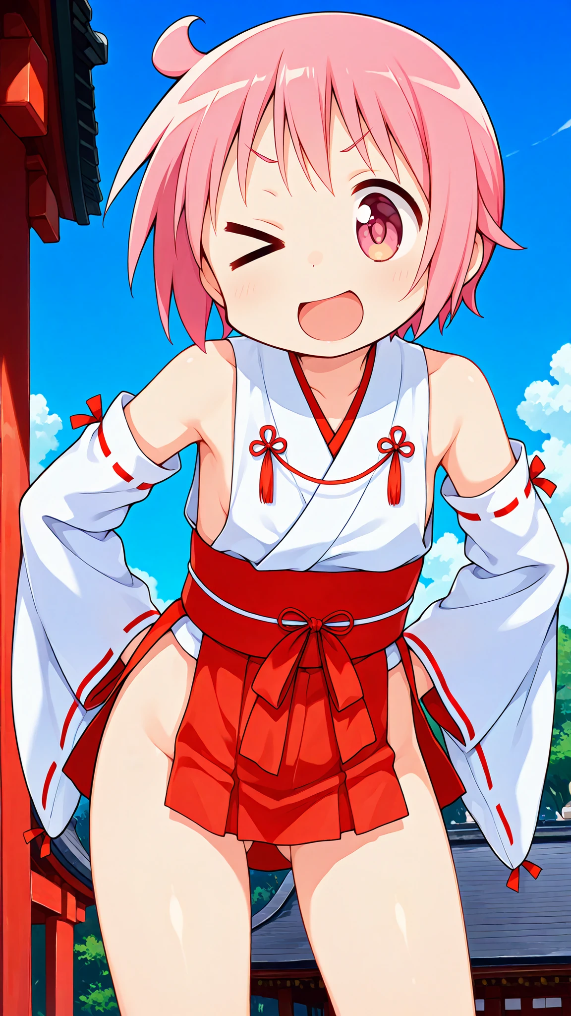 nonohara yuzuko, pink hair, short hair,ahoge, pink eyes,bangs,((anime style)),score_9, score_8_up, score_7_up, source_anime,solo,1girl, ((miko)),((mini slit red skirt)),((((slit skirt)))),ass visible through thighs,((Obi)) ,((Obi knot)), (flat chest) , ((side boob)) , (No panties) , ((exposed shoulders)) ,((detached white sleeves)),(ribbon-trimmed sleeves),happy,((Shrine grounds)),((blue sky)),v-shaped eyebrows,looking at viewers,((((glimpse of her thighs)))),(standing),((leaning forward)),,((> <)),((wink)),